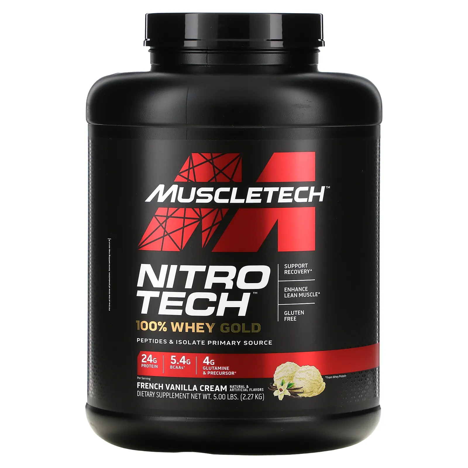 MuscleTech, Nitro Tech, 100% Whey Gold, смесь сывороточных пептидов и изолята, французская ваниль, 2,27 кг (5 фунтов)