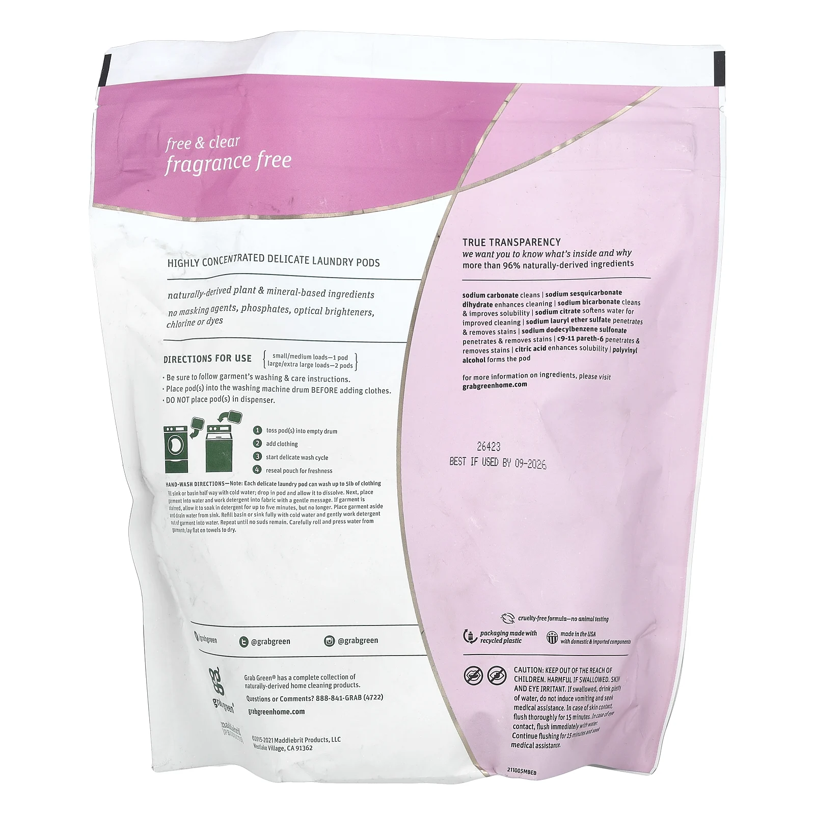 Grab Green, деликатный порошок для стирки, без отдушки, 60 загрузок, 600 г (1 фунт 4 унции)