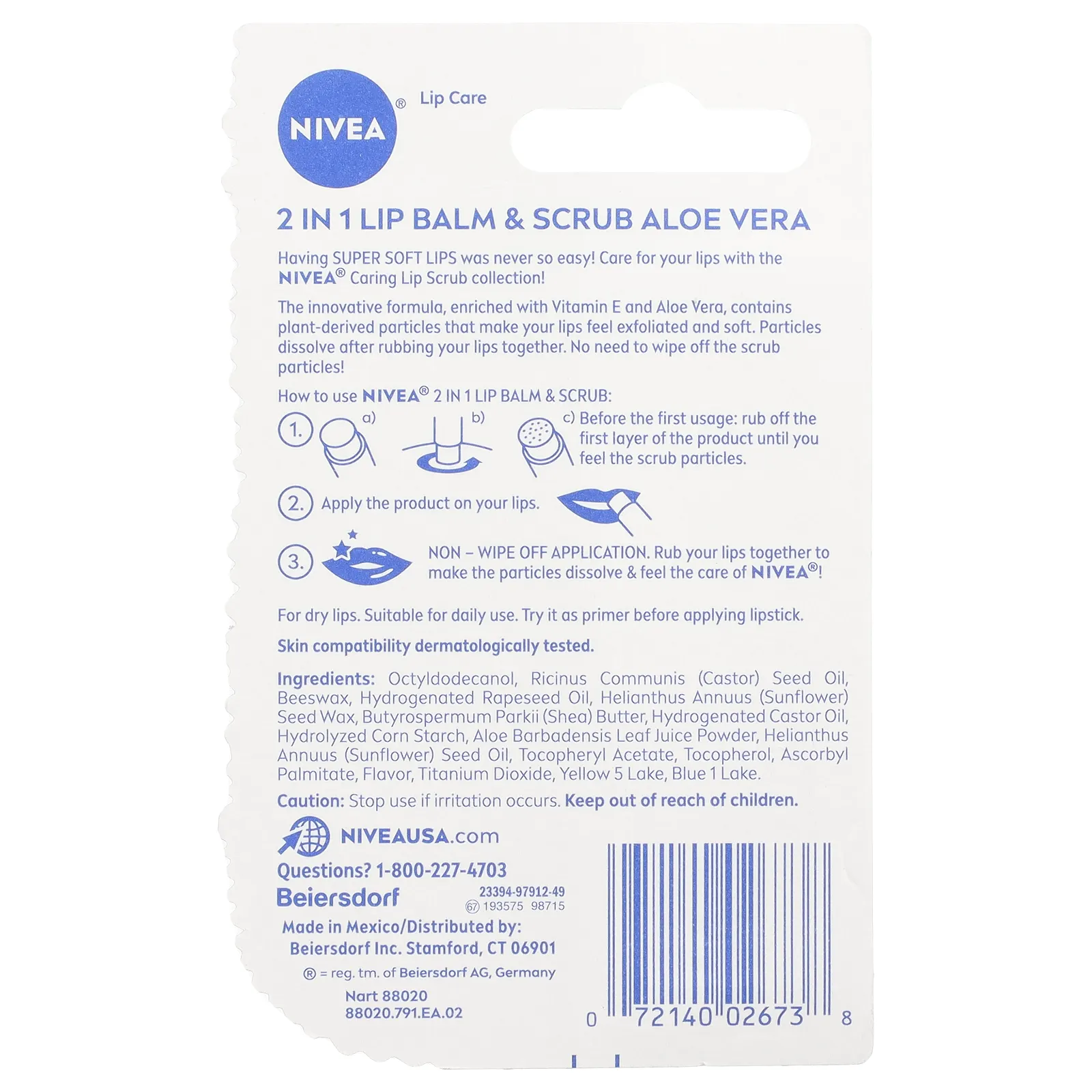 Nivea, Бальзам и скраб 2 в 1, алоэ вера, 4,8 г (0,17 унции)