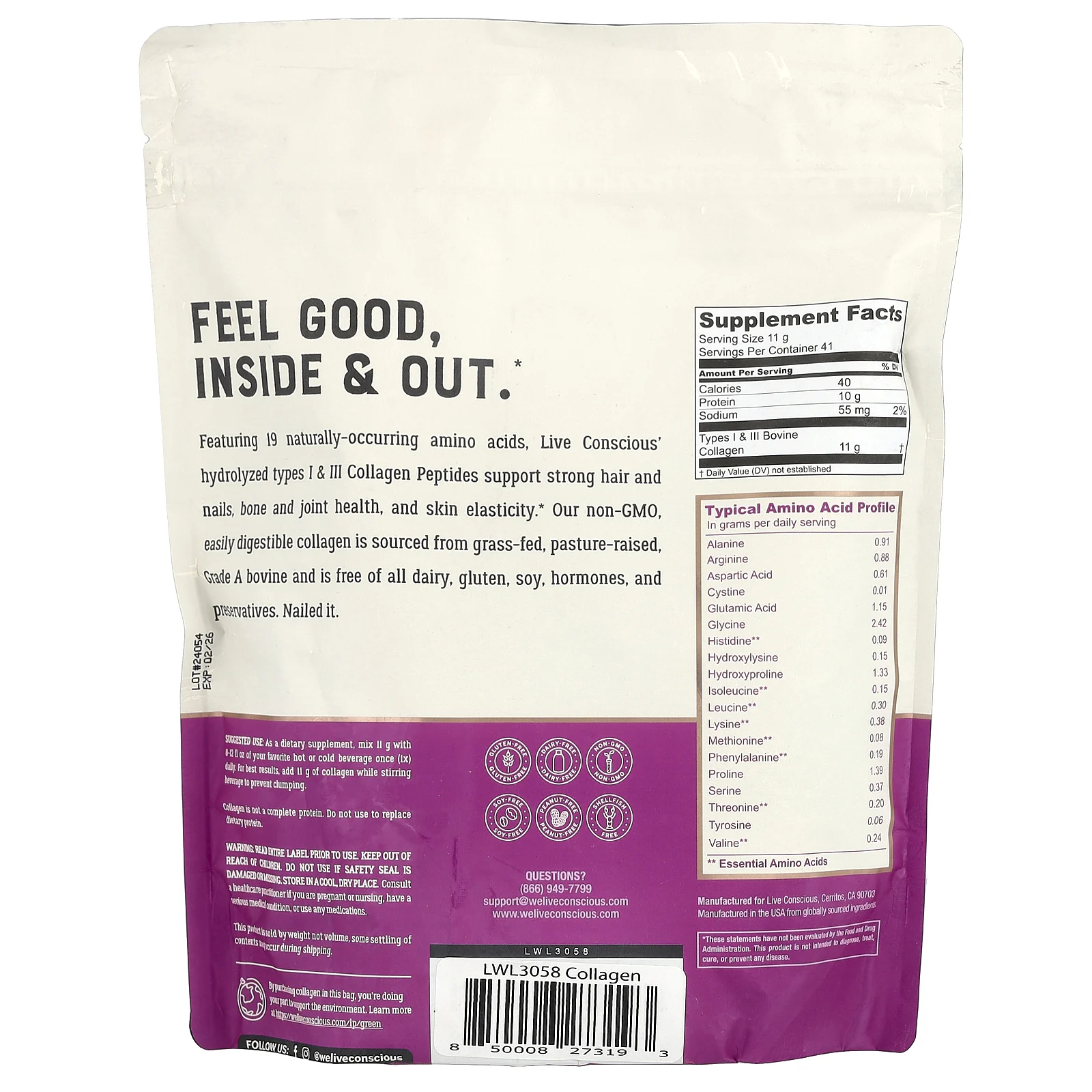 Live Conscious, Пептиды коллагена, без добавок, 454 г (16 унций)