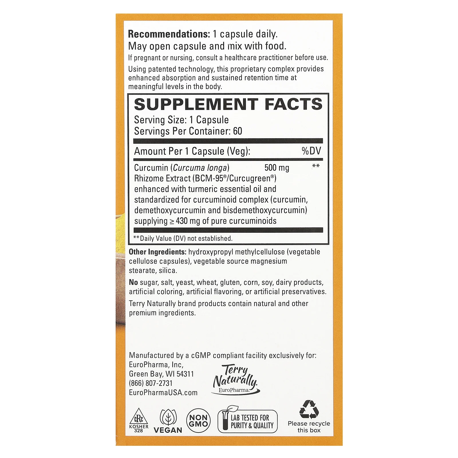 Terry Naturally, CuraMed, куркумин для улучшенной усвояемости, 500 мг, 60 капсул
