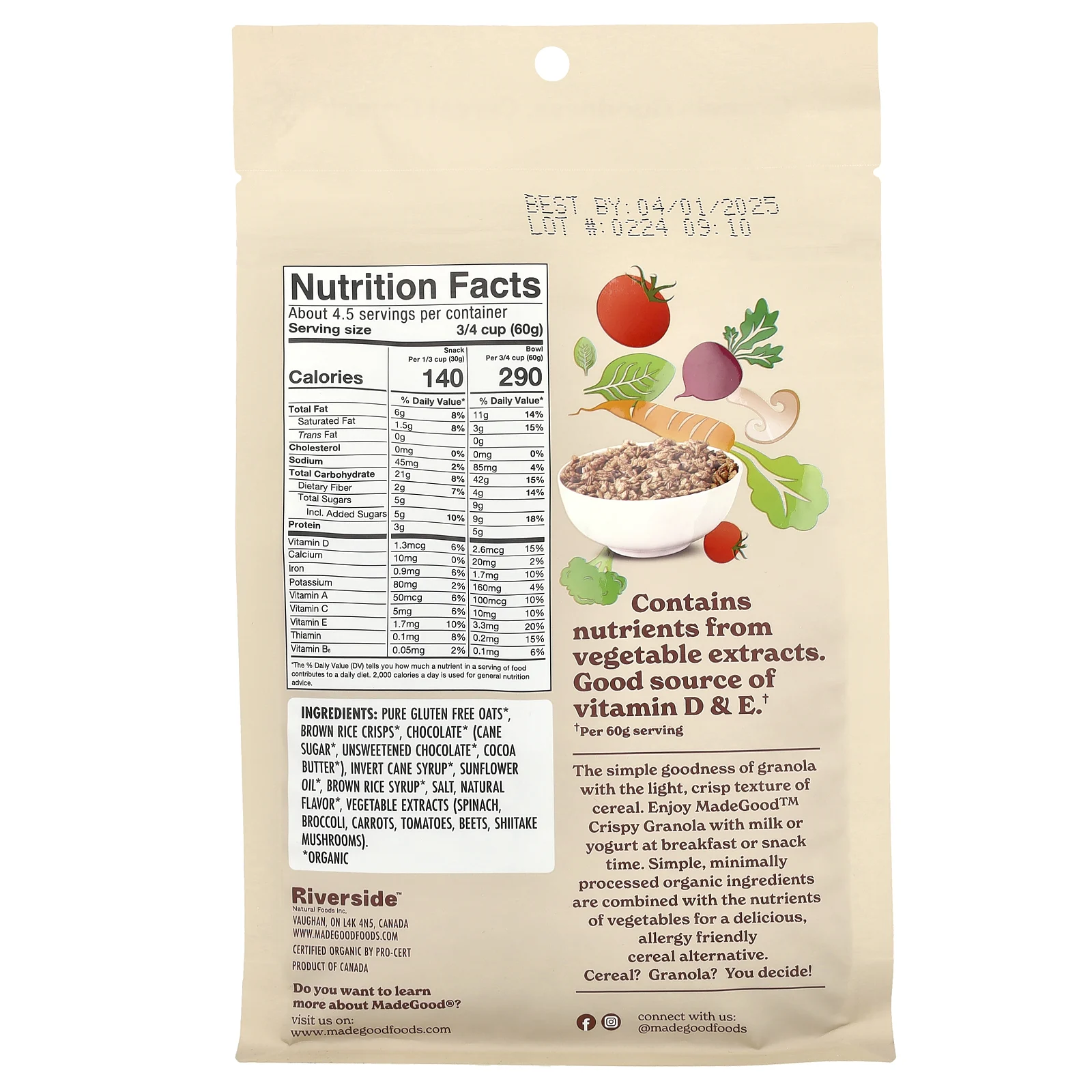 MadeGood, Crispy Light Granola, хрустящая корочка с какао, 284 г (10 унций)