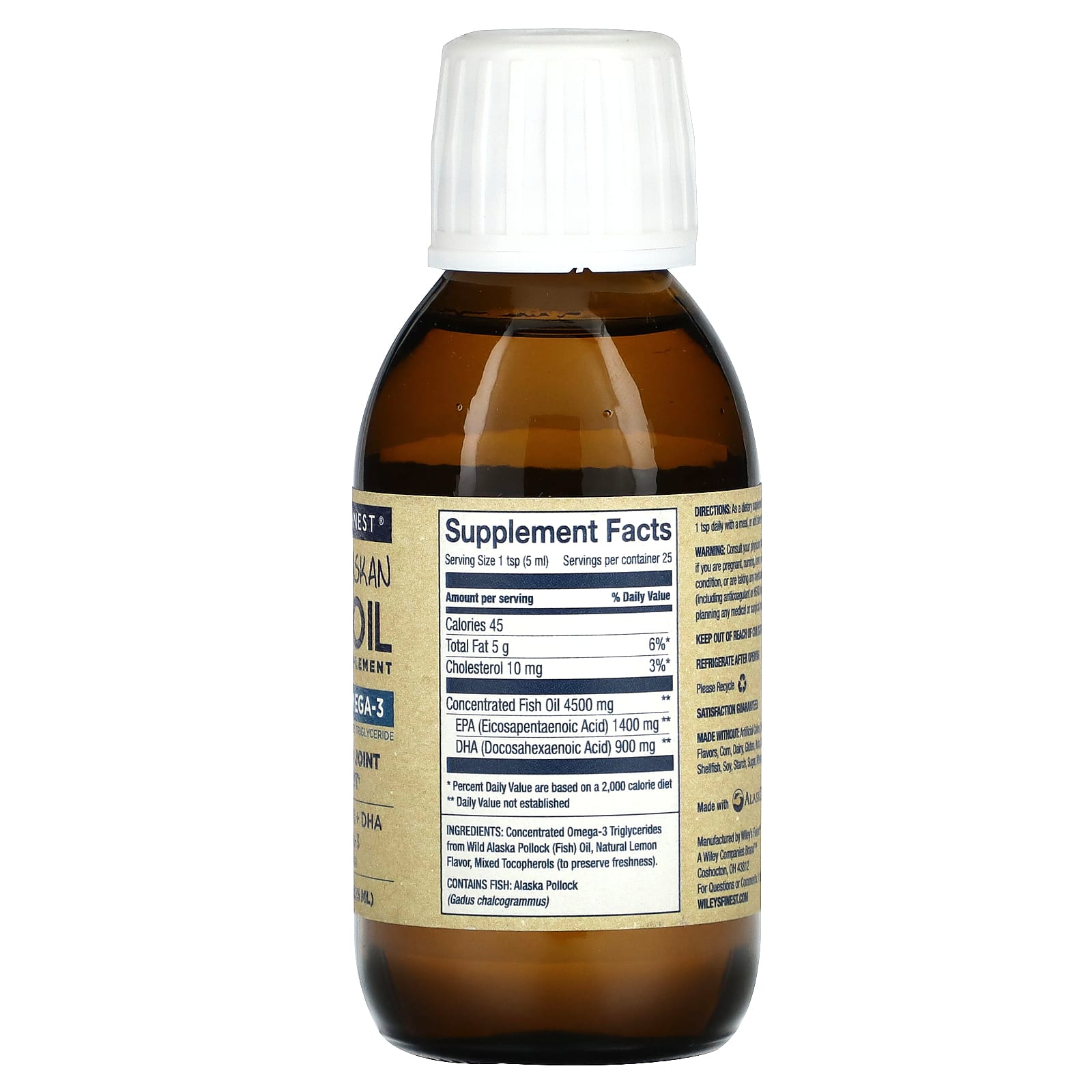 Wiley's Finest, Жир диких аляскинских рыб, пик омега-3, натуральный лимон, 2300 мг, 125 мл (4,23 жидк. Унции)