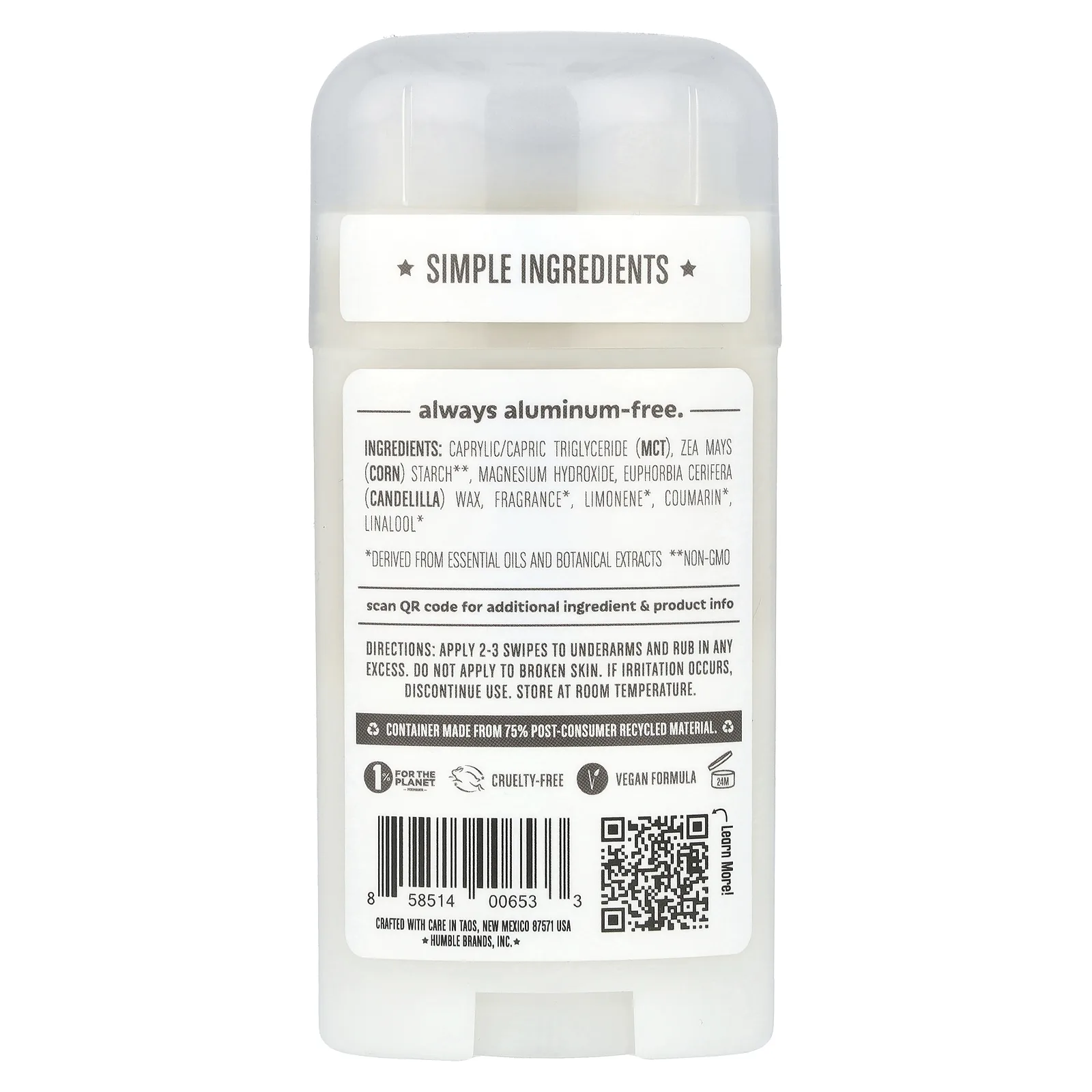 Humble Brands, Дезодорант без пищевой соды, пало санто и ладан, 70 г (2,5 унции)