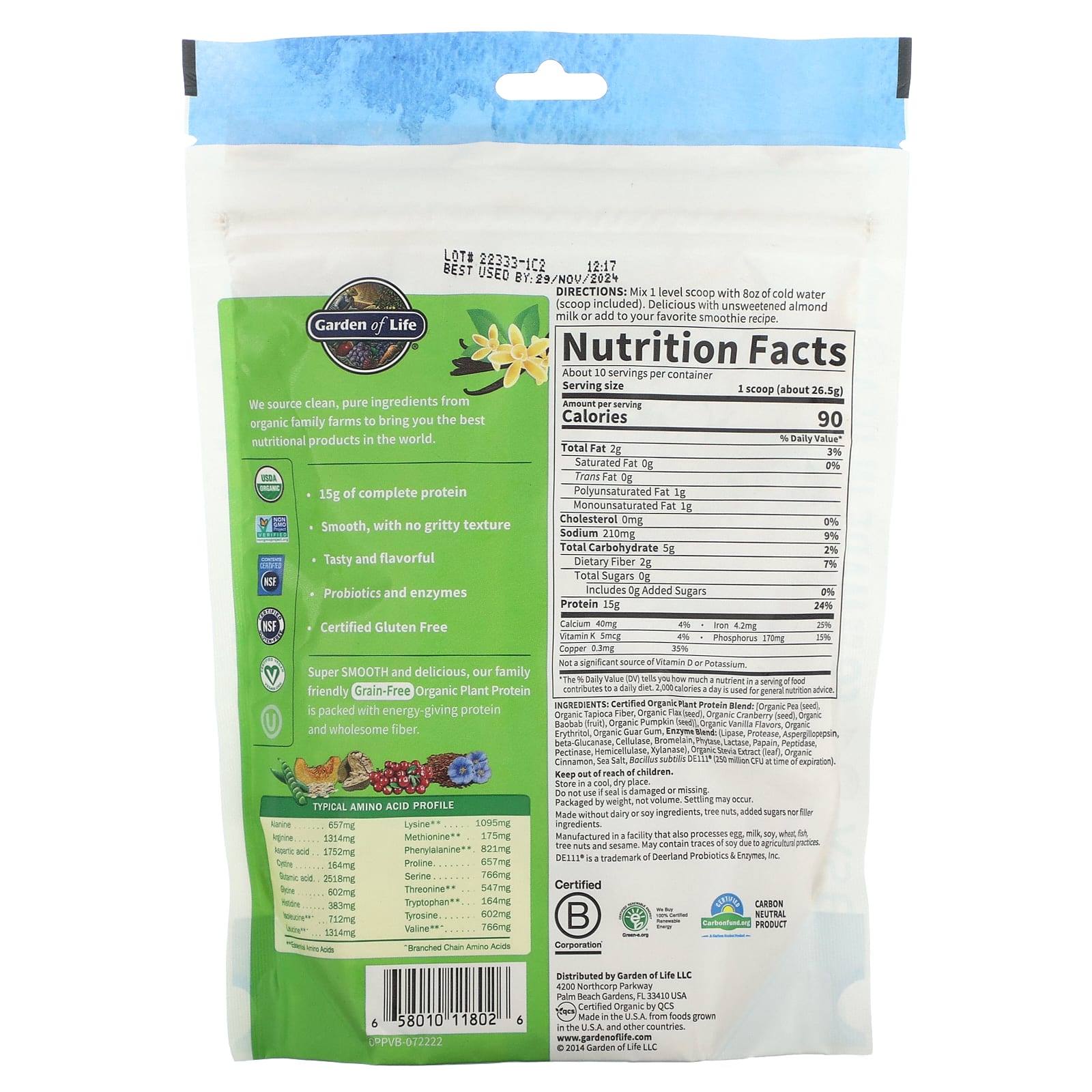 Garden of Life, Органический растительный протеин, без зерен, гладкая ваниль, 9,4 унции (265 г)