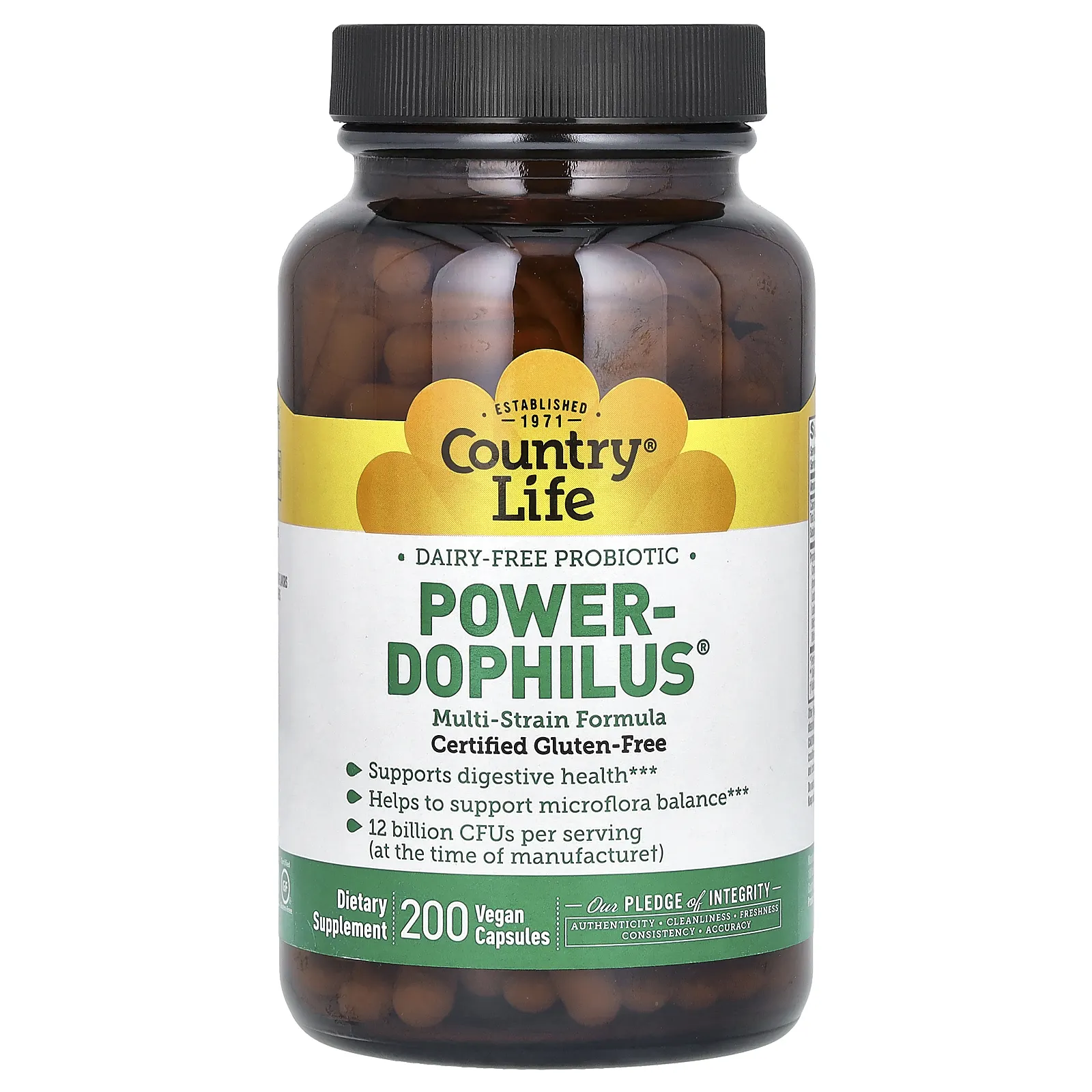 Country Life, Power-Dophilus, безмолочный пробиотик, 200 веганских капсул