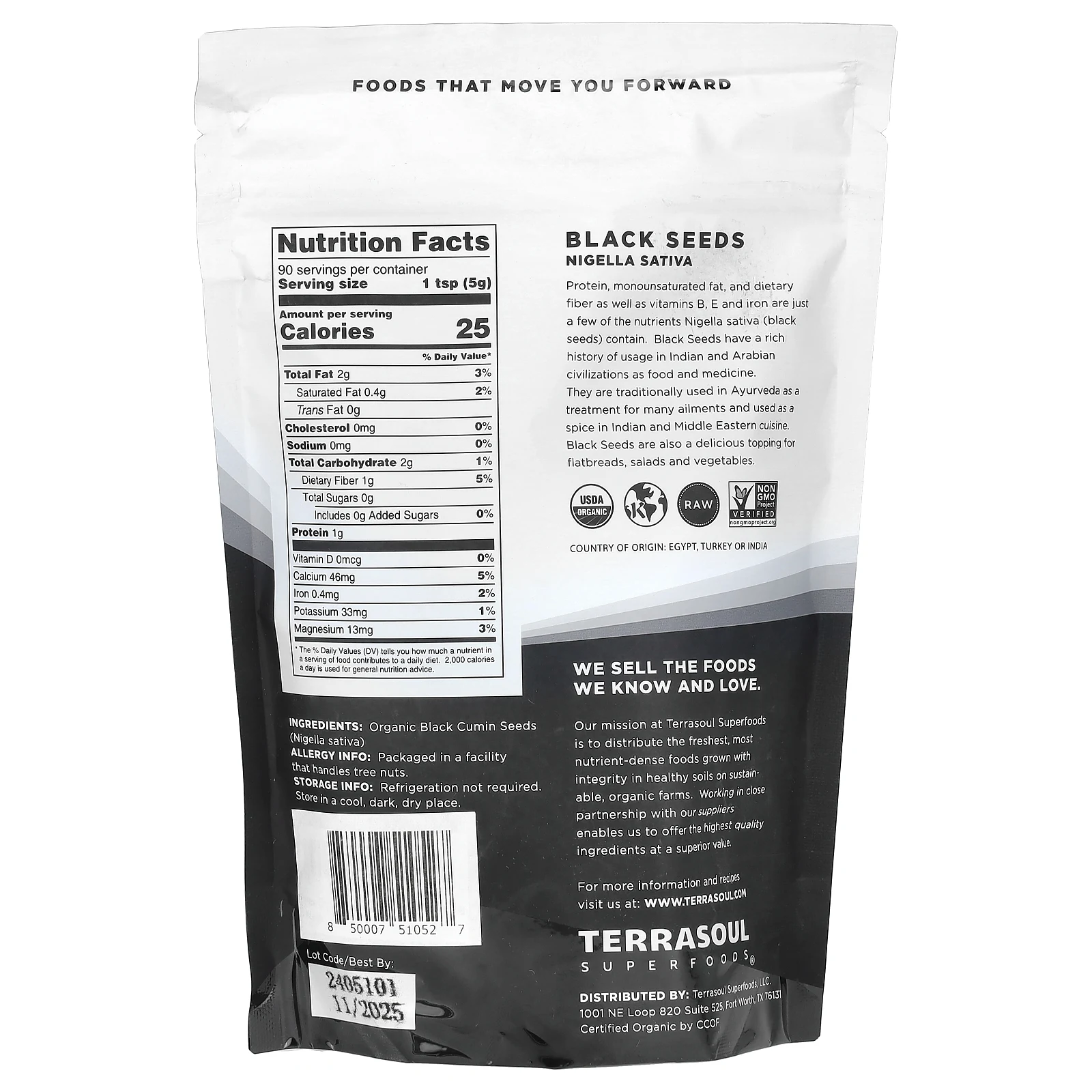 Terrasoul Superfoods, черный тмин, нигелла (Nigella sativa), 454 г (16 унций)