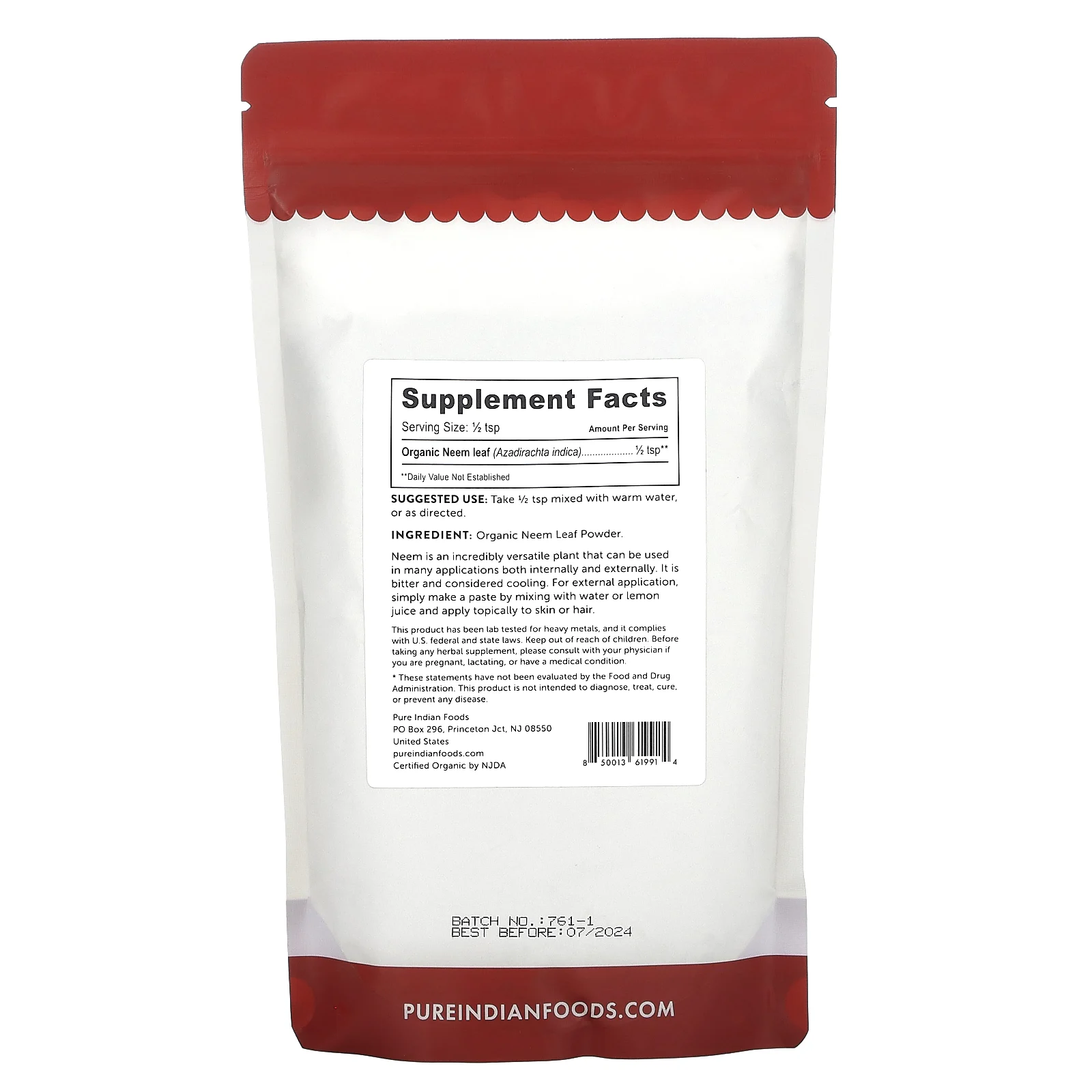 Pure Indian Foods, Органический порошок из листьев нима, 227 г (8 унций)