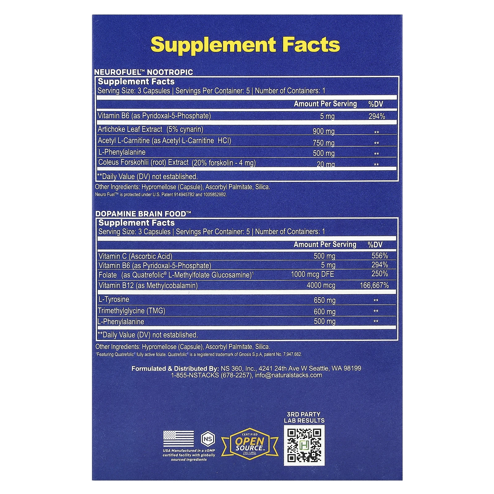 Natural Stacks, Focus Stack, 2 бутылки, 15 вегетарианских капсул в каждой