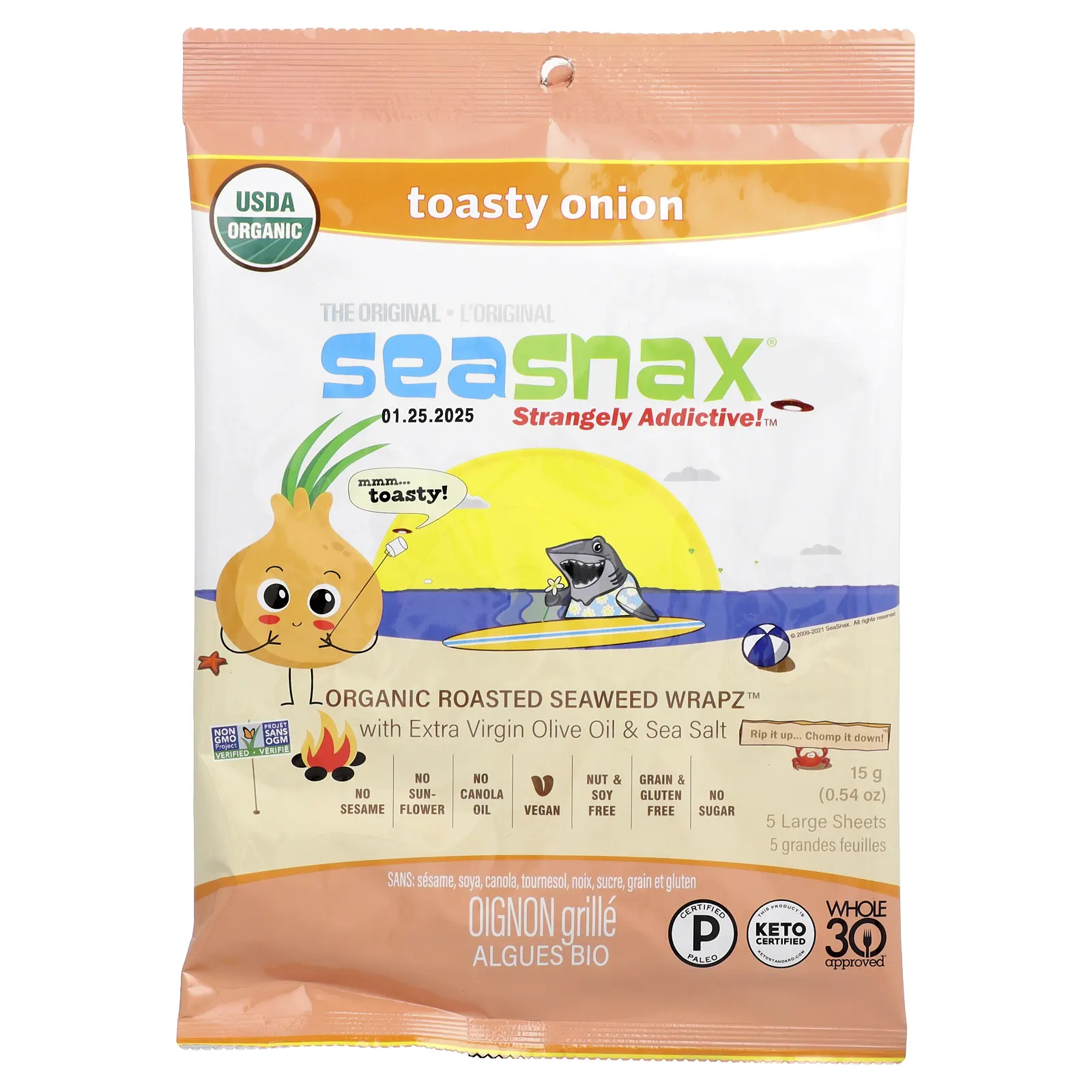SeaSnax, Organic Premium, обжаренные морские водоросли, поджаренный лук, 15 г (0,54 унции)