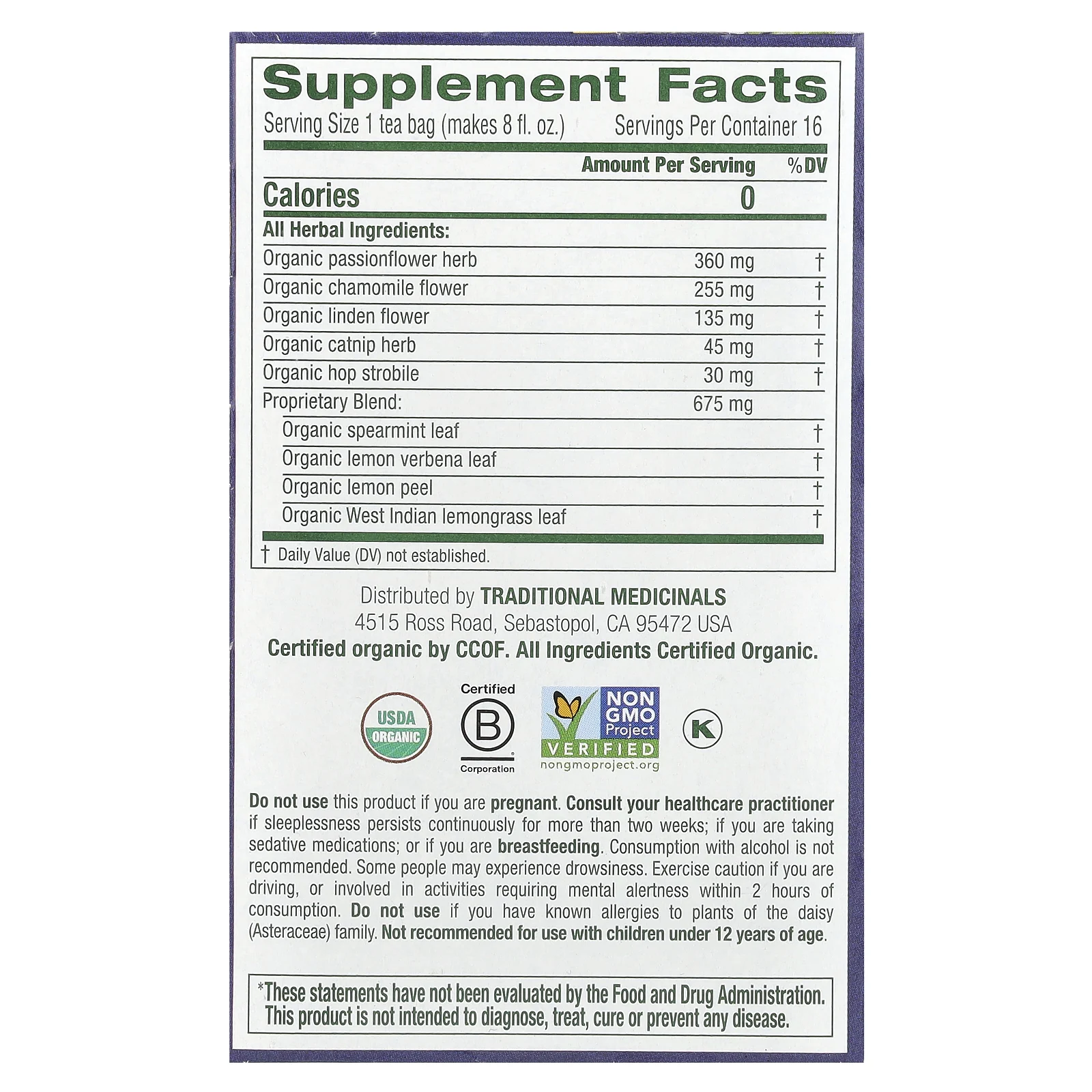 Traditional Medicinals, органическая Nighty Night, ромашка и пассифлора, без кофеина, 16 чайных пакетиков по 1,5 г (0,05 унции)