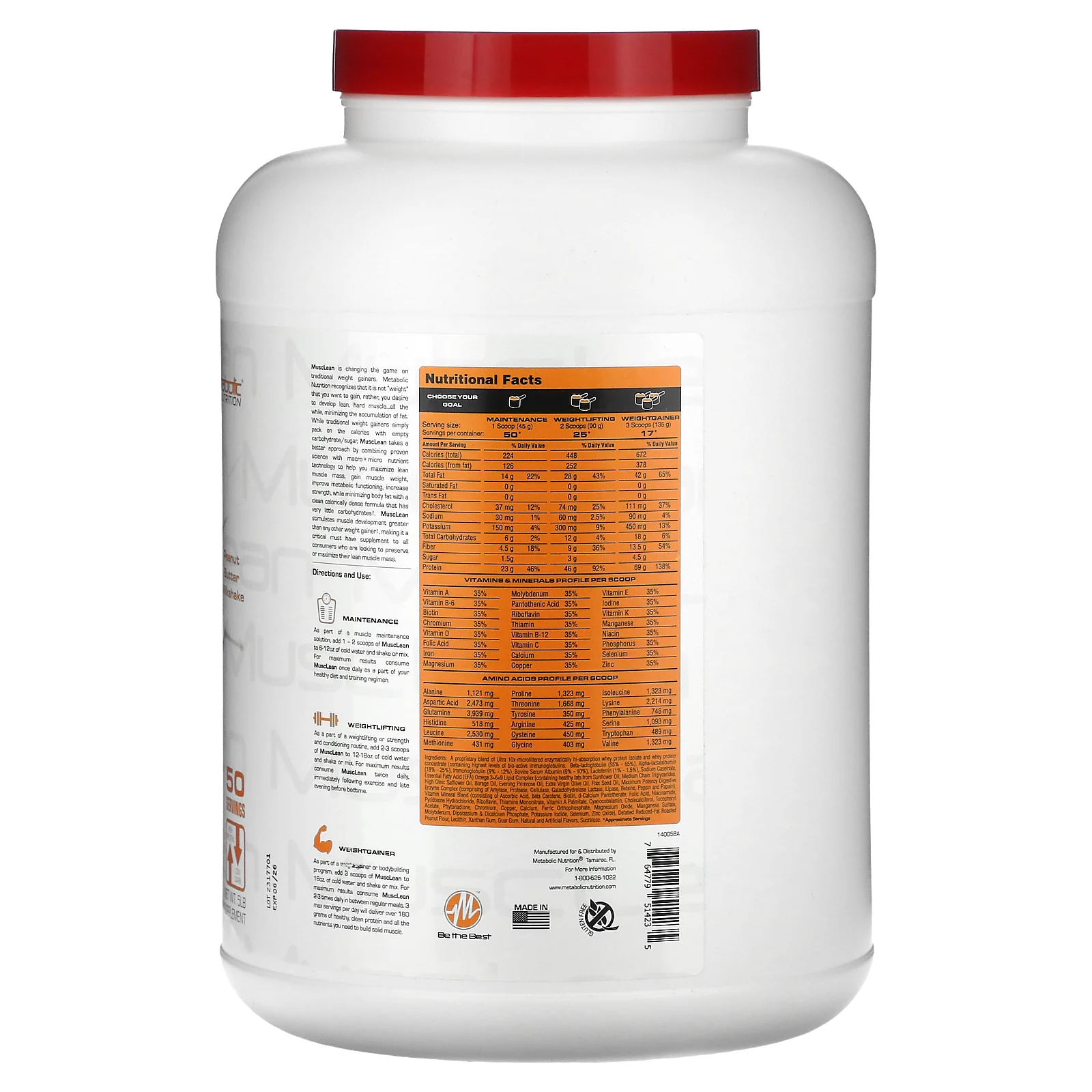 Metabolic Nutrition, MuscLean, средство для набора мышечной массы, молочный коктейль с арахисовой пастой, 5 фунтов