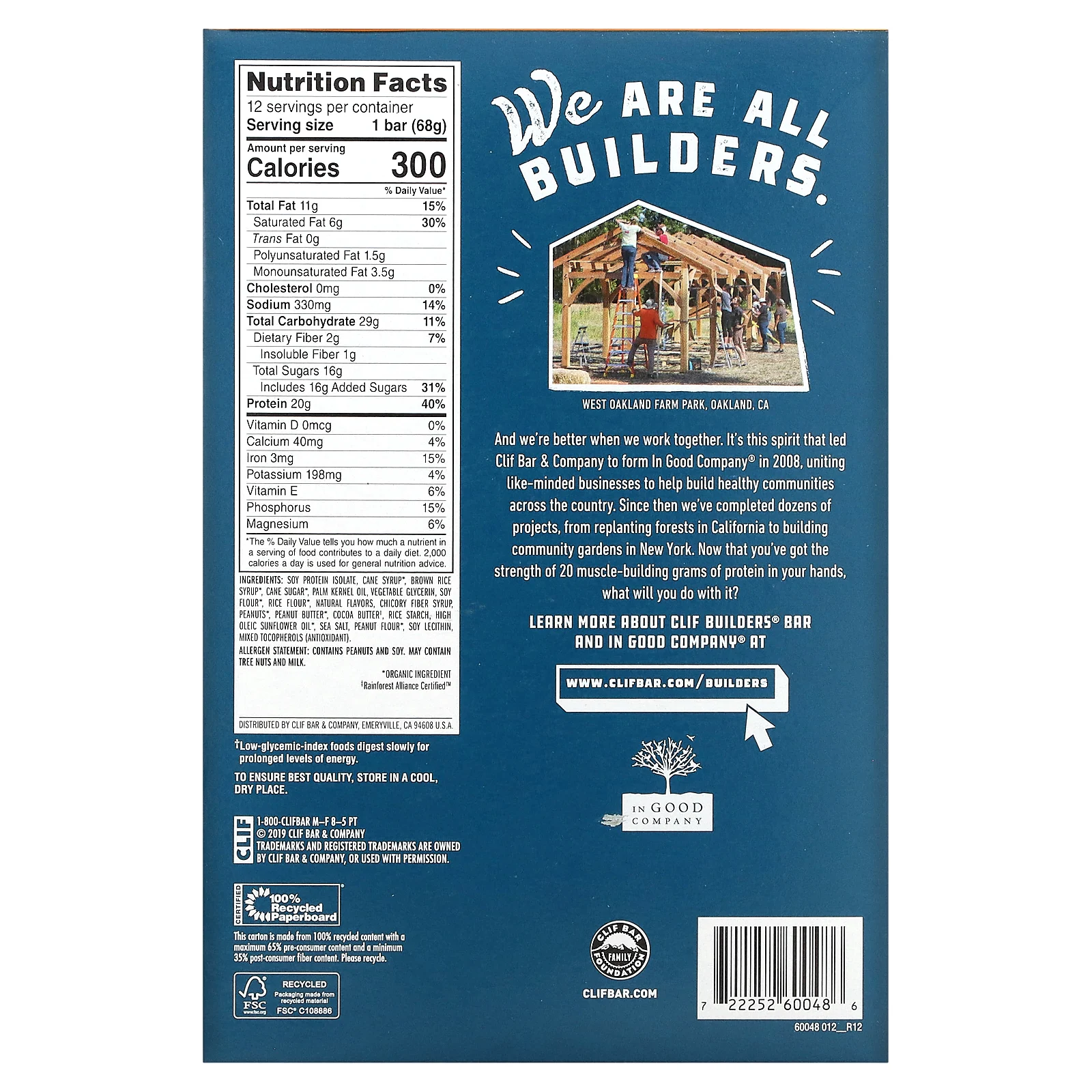 Clif Bar, Builder's, протеиновый батончик, арахисовая паста с кусочками арахиса, 12 батончиков по 68 г (2,4 унции) каждый