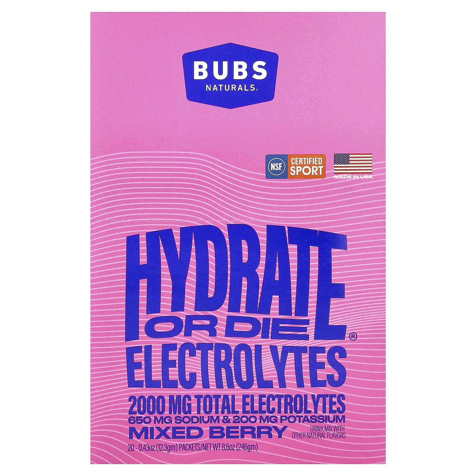 BUBS Naturals, Hydrate or Die®, смесь для приготовления электролитического напитка, со вкусом ягодного ассорти, 20 пакетиков по 12,3 г (0,43 унции)