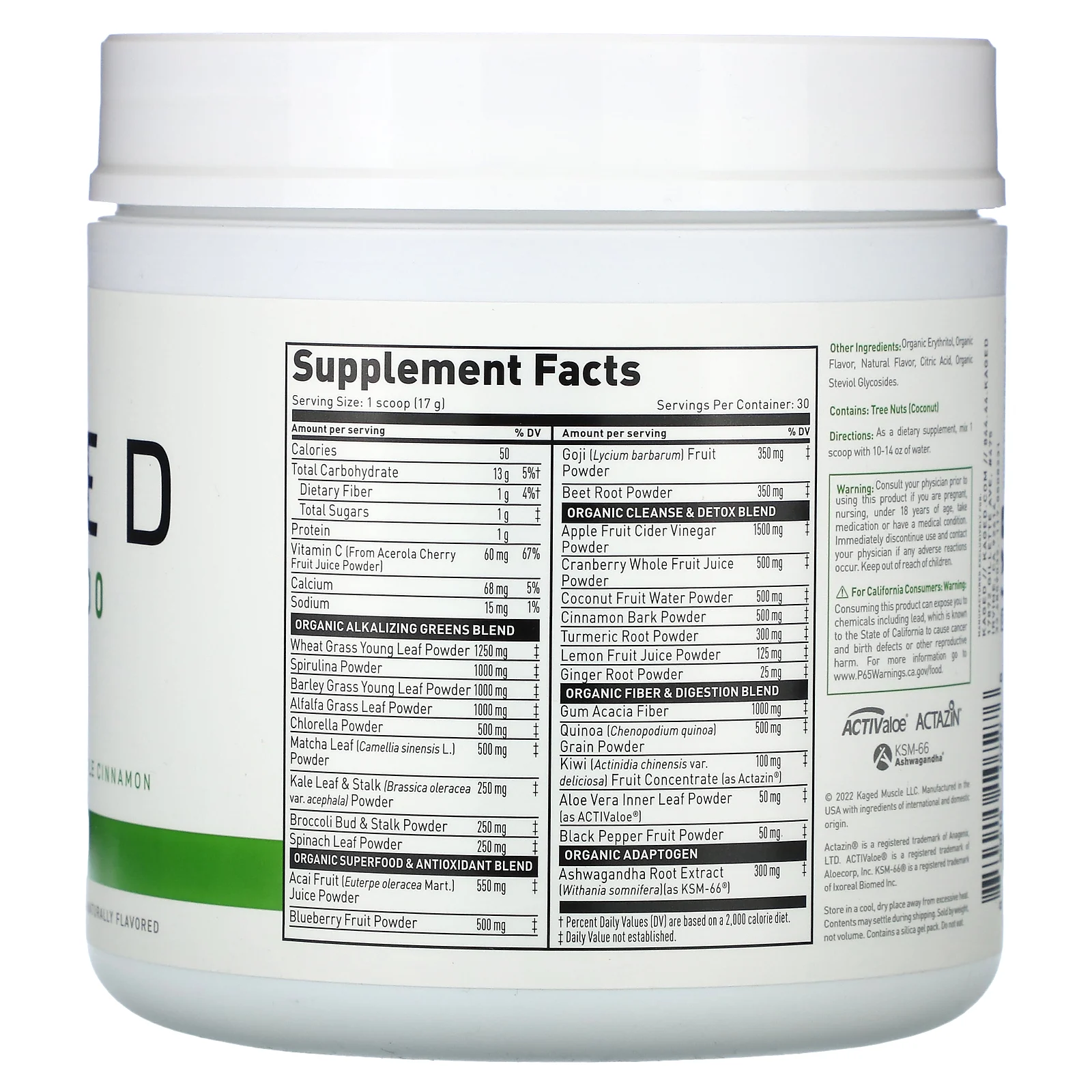 Kaged, Outlive 100, органическая зелень-суперфуды, со вкусом яблока и корицы, 510 г (18 унций)