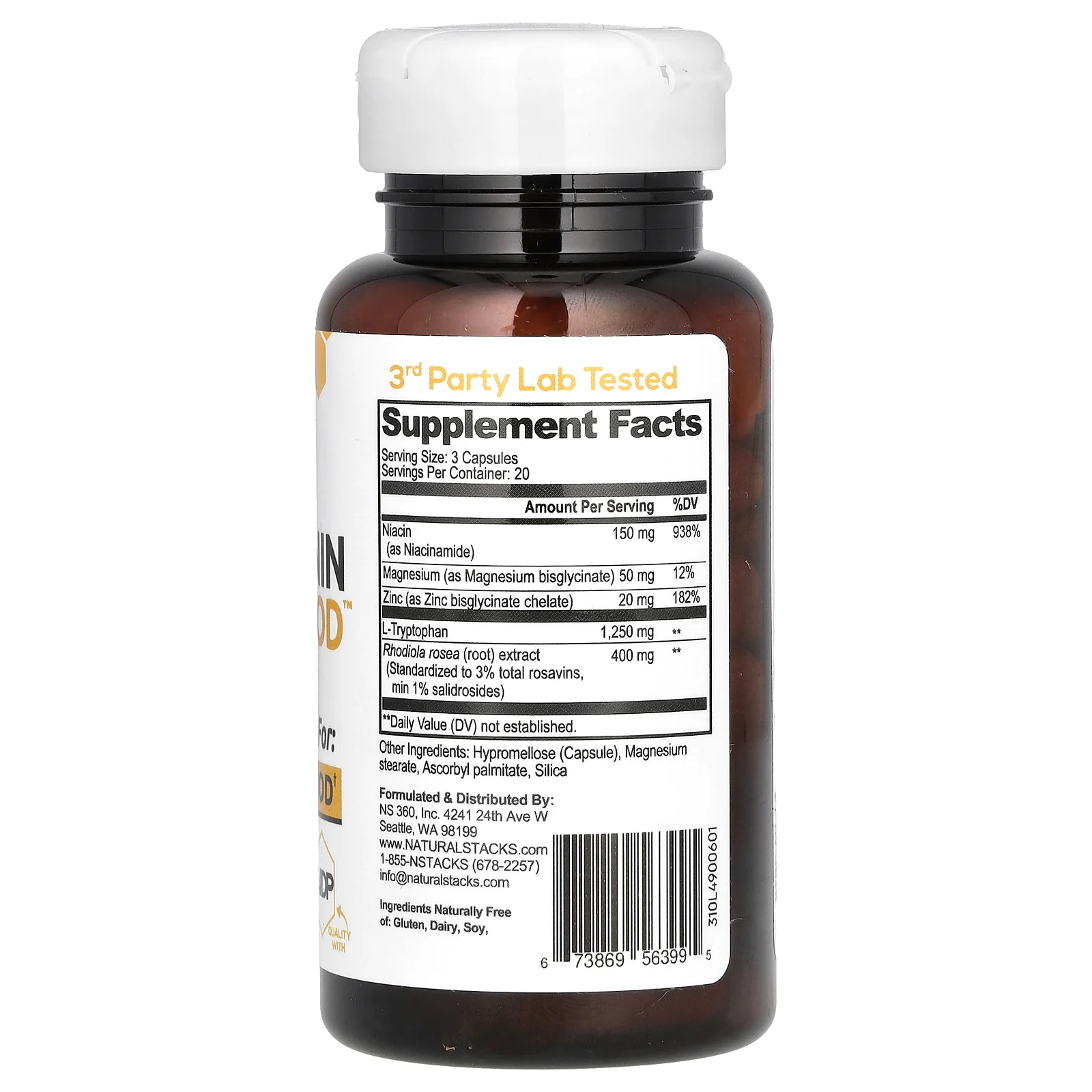 Natural Stacks, Serotonin Brain Food, добавка с серотонином для здоровья мозга, 60 веганских капсул