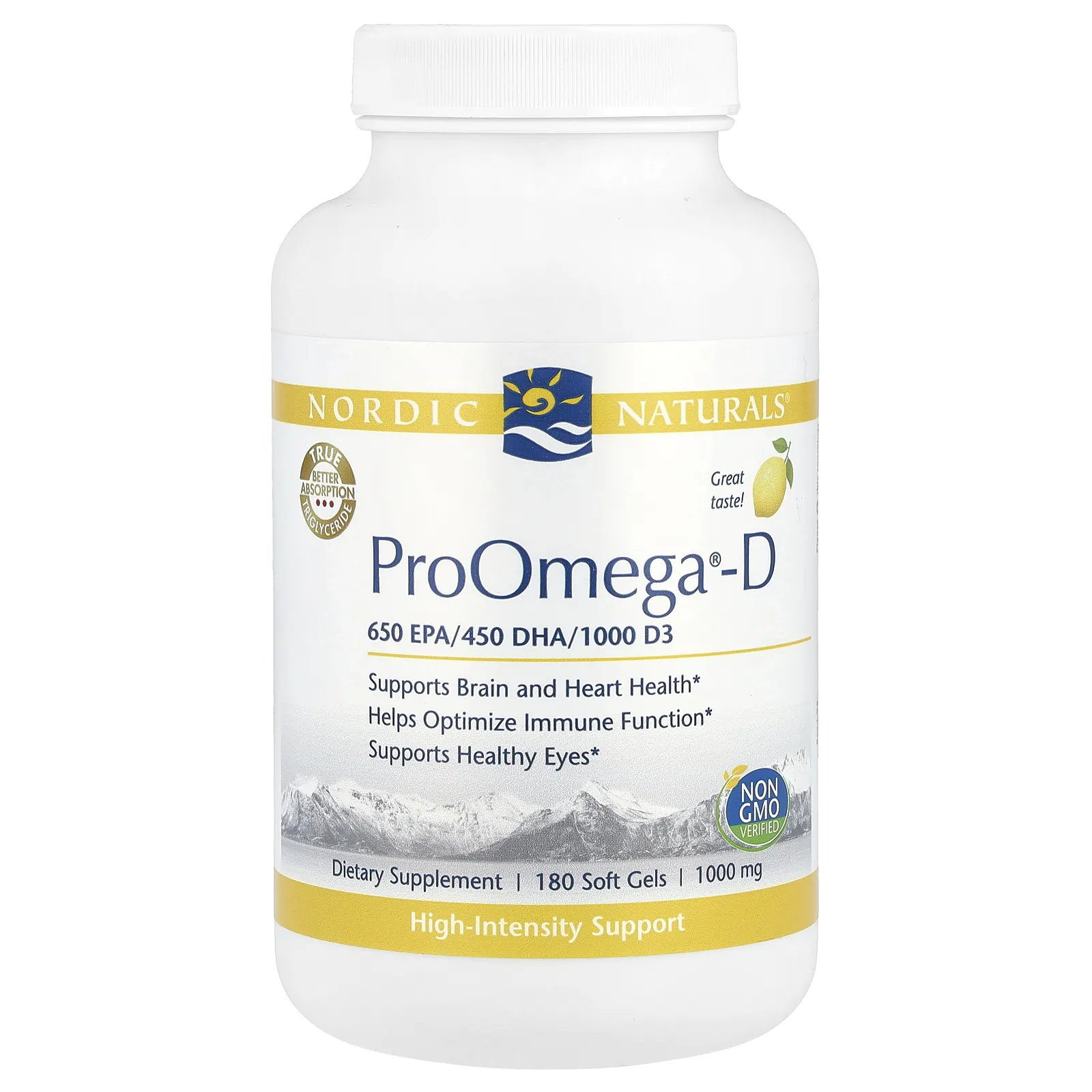 Nordic Naturals, ProOmega-D, со вкусом лимона, 1000 мг, 180 капсул (500 мг в 1 капсуле)