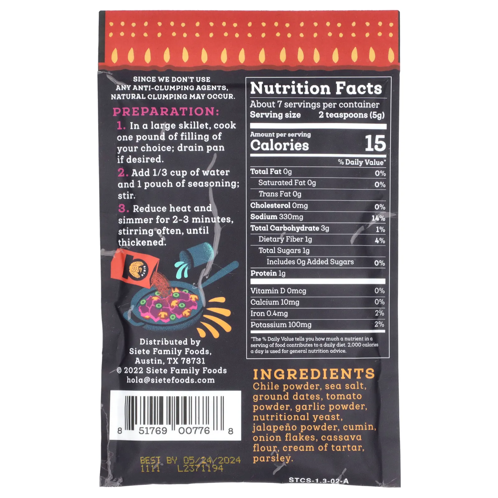 Siete, приправа тако, пряная, 37 г (1,31 унции)