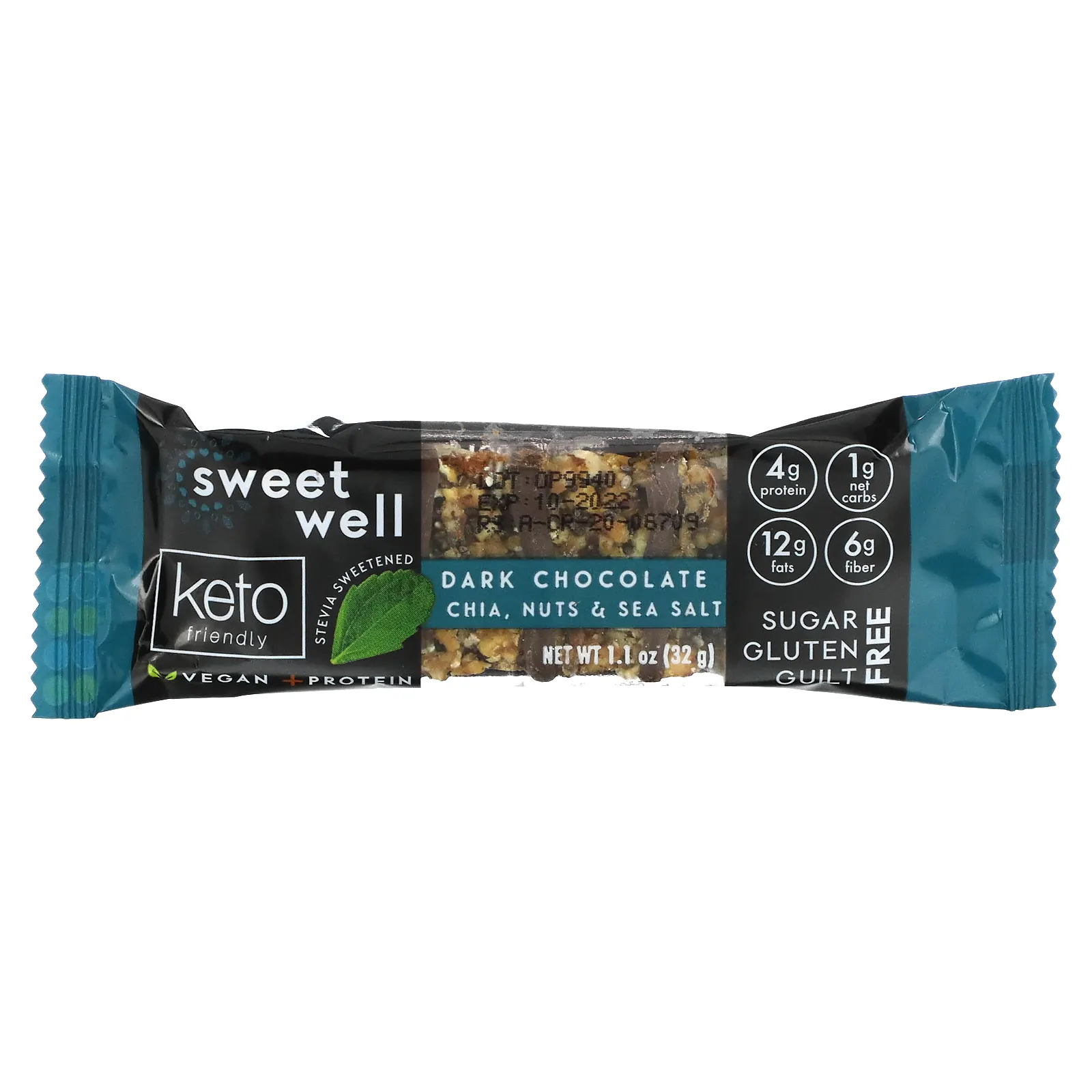 Sweetwell, Keto Bar, чиа, орехи, морская соль и темный шоколад, 10 батончиков по 32 г (1,1 унции)