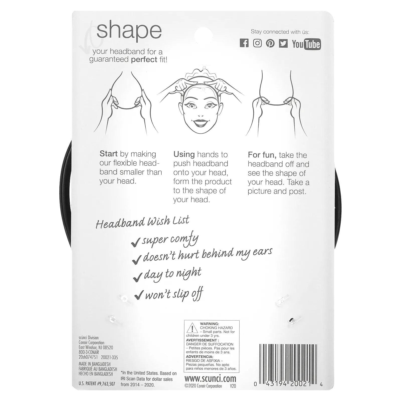 Scunci, Гибкий обруч No Slip Grip, 1 штука