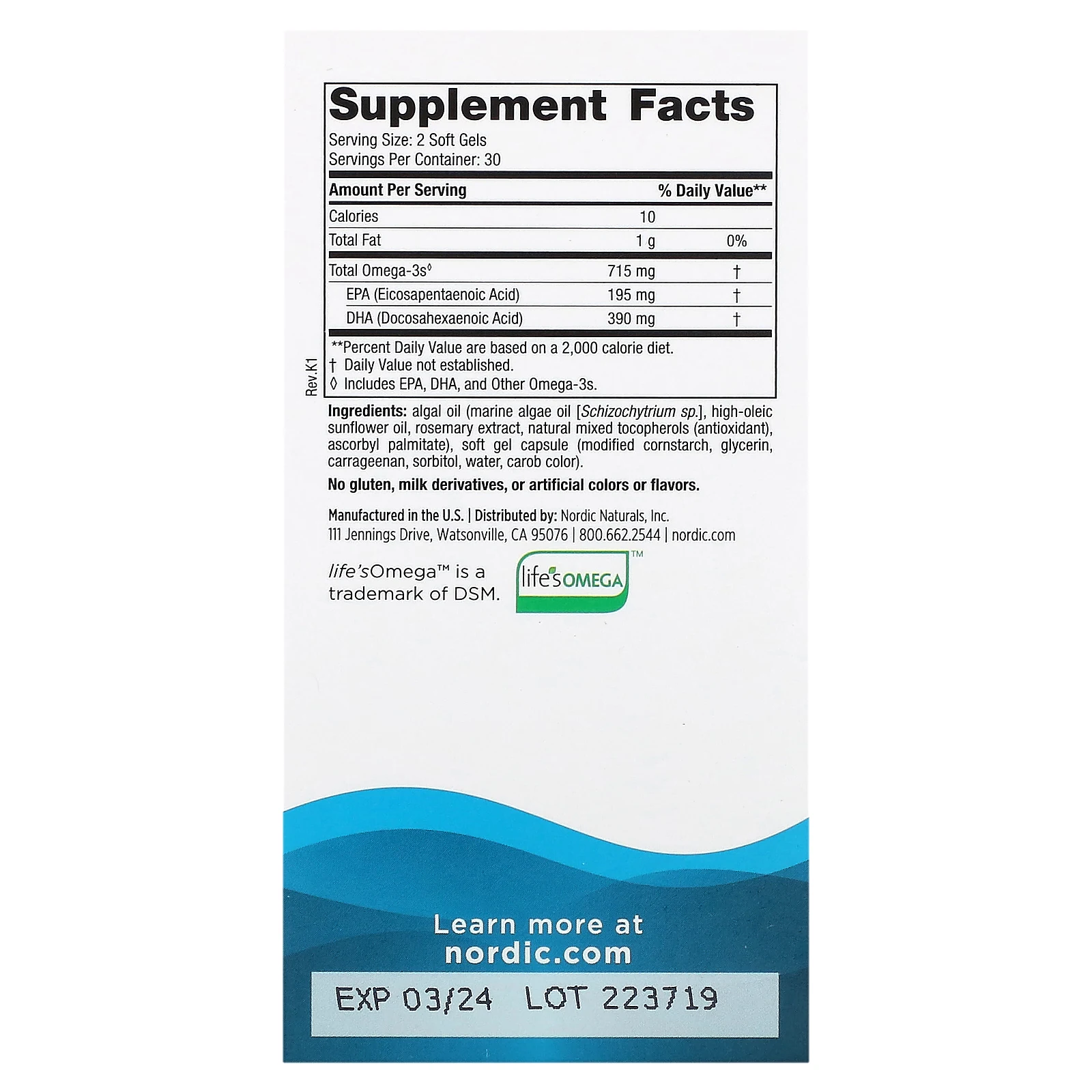 Nordic Naturals, Algae Omega, жирные водоросли, 715 мг, 60 капсул (357,5 мг в 1 капсуле)