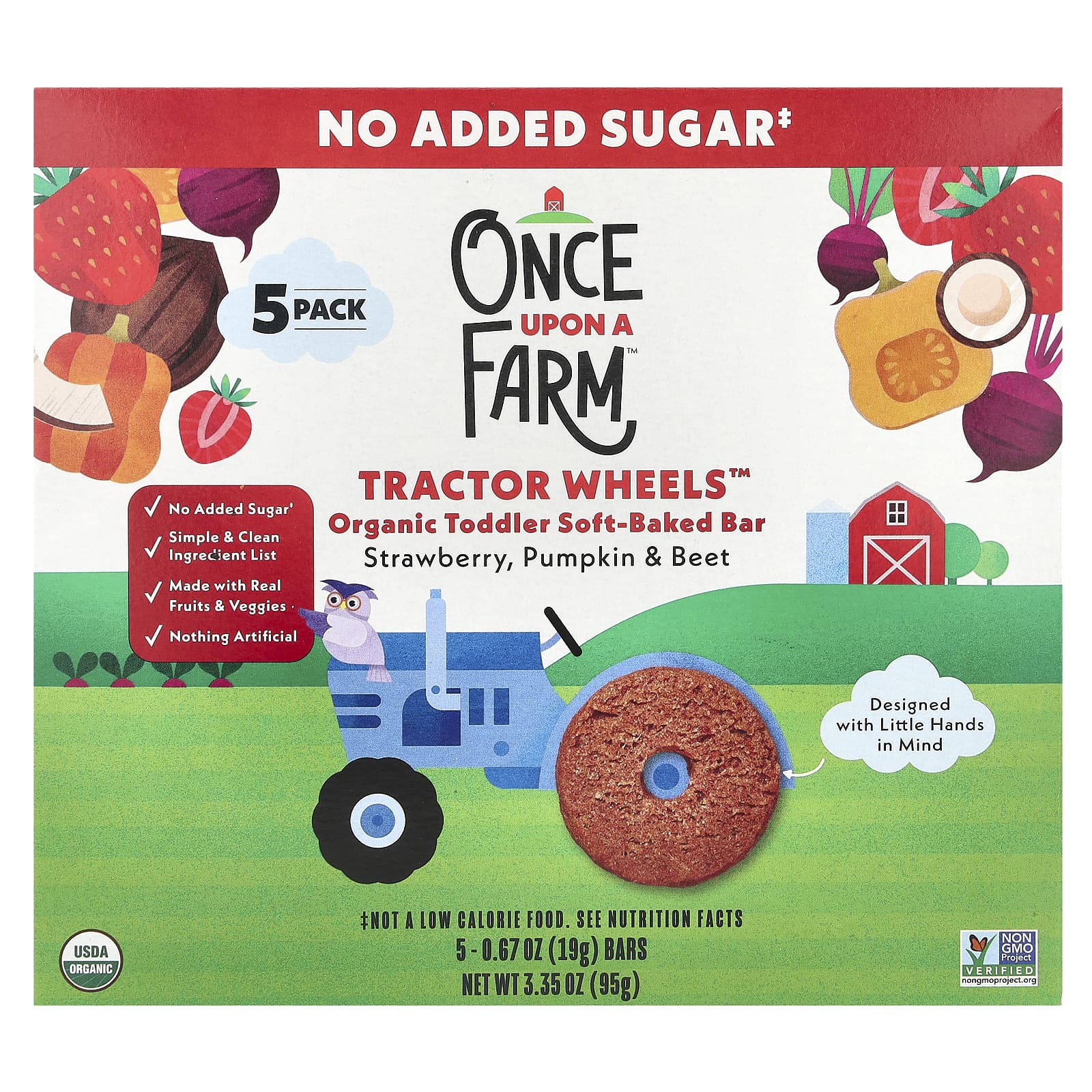 Once Upon A Farm, Органический батончик для малышей, Tractor Wheels ™, клубника, тыква и свекла, 5 батончиков, по 19 г (0,67 унции)
