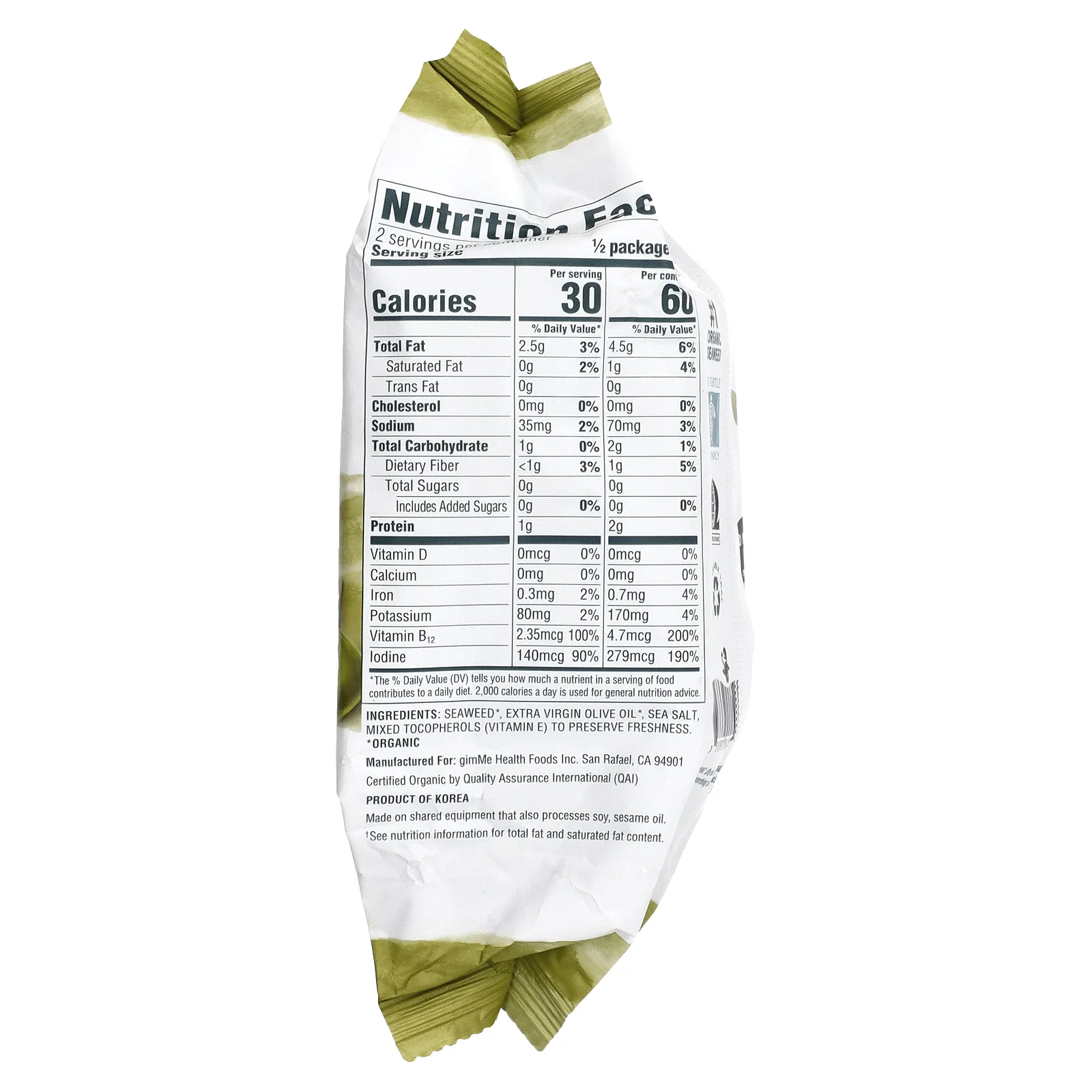 gimMe, Snacks, обжаренные морские водоросли, оливковое масло холодного отжима, 10 г (0,35 унции)