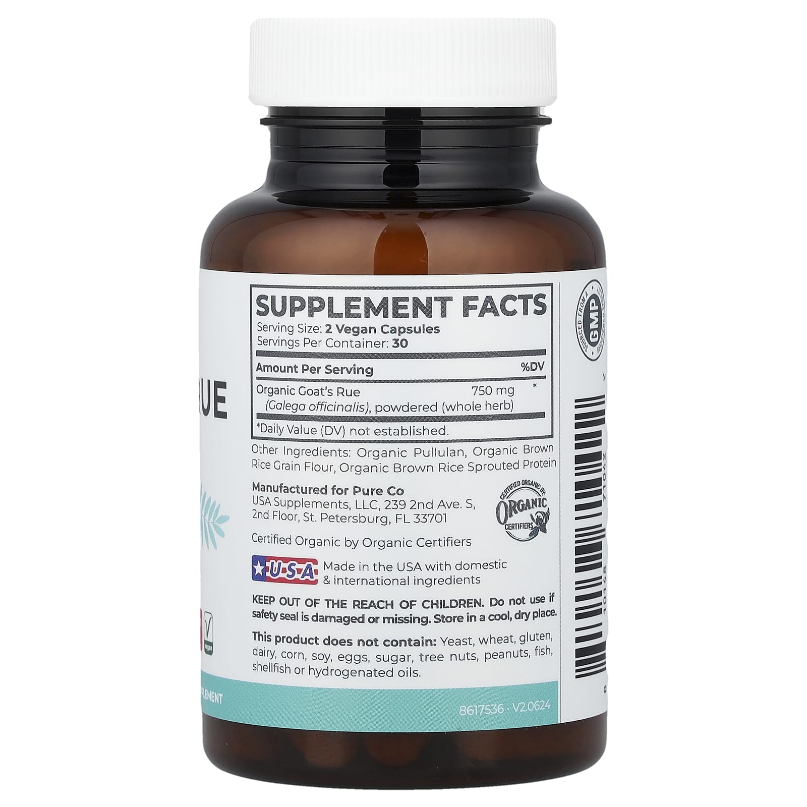 Pure Co., органическая козья рута, 60 веганских капсул (375 мг в 1 капсуле)
