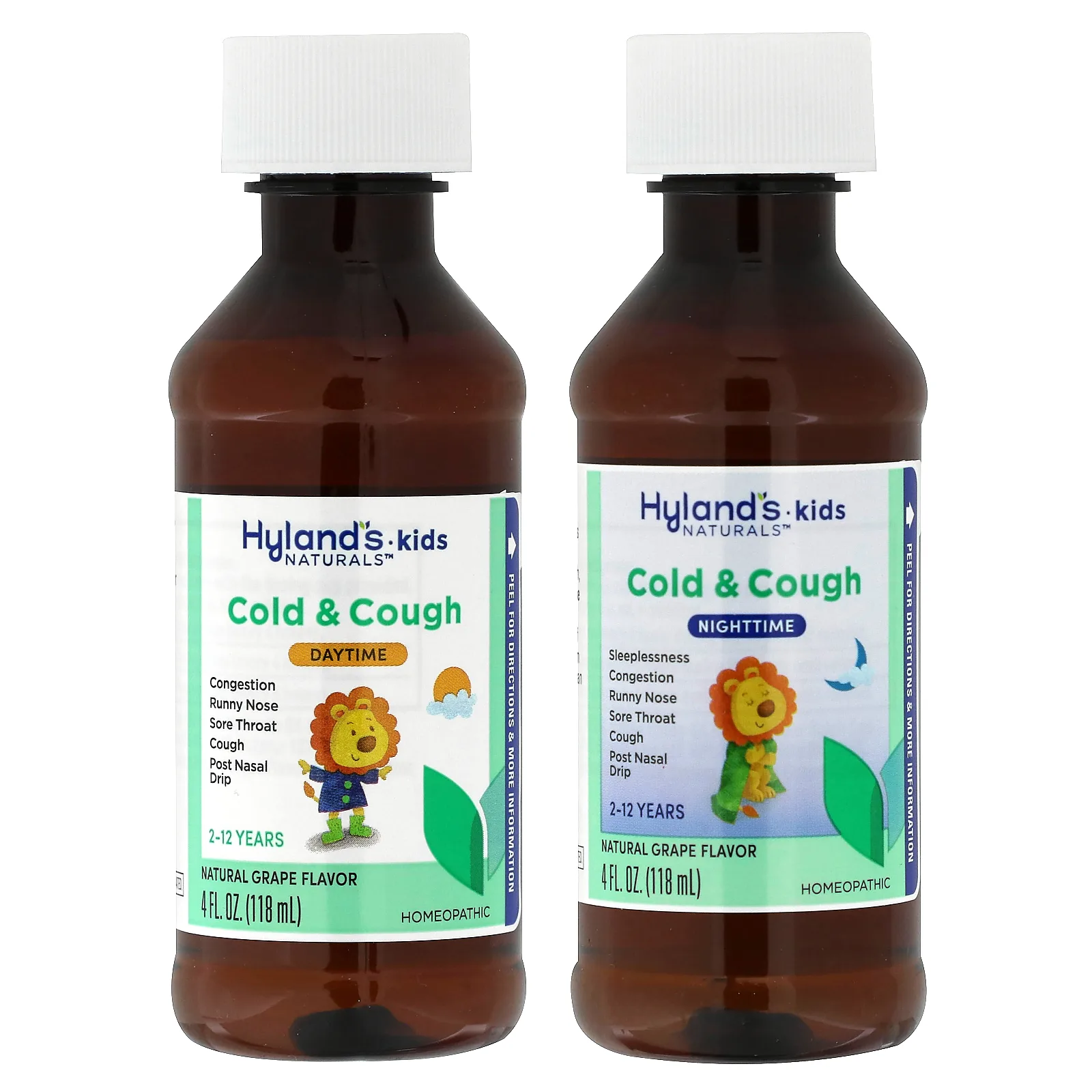 Hyland's Naturals, Для детей, комбо-пакет от простуды и кашля, дневное и ночное время, для детей от 2 до 12 лет, из натурального винограда, 2 флакона по 118 мл (4 жидк. Унции)