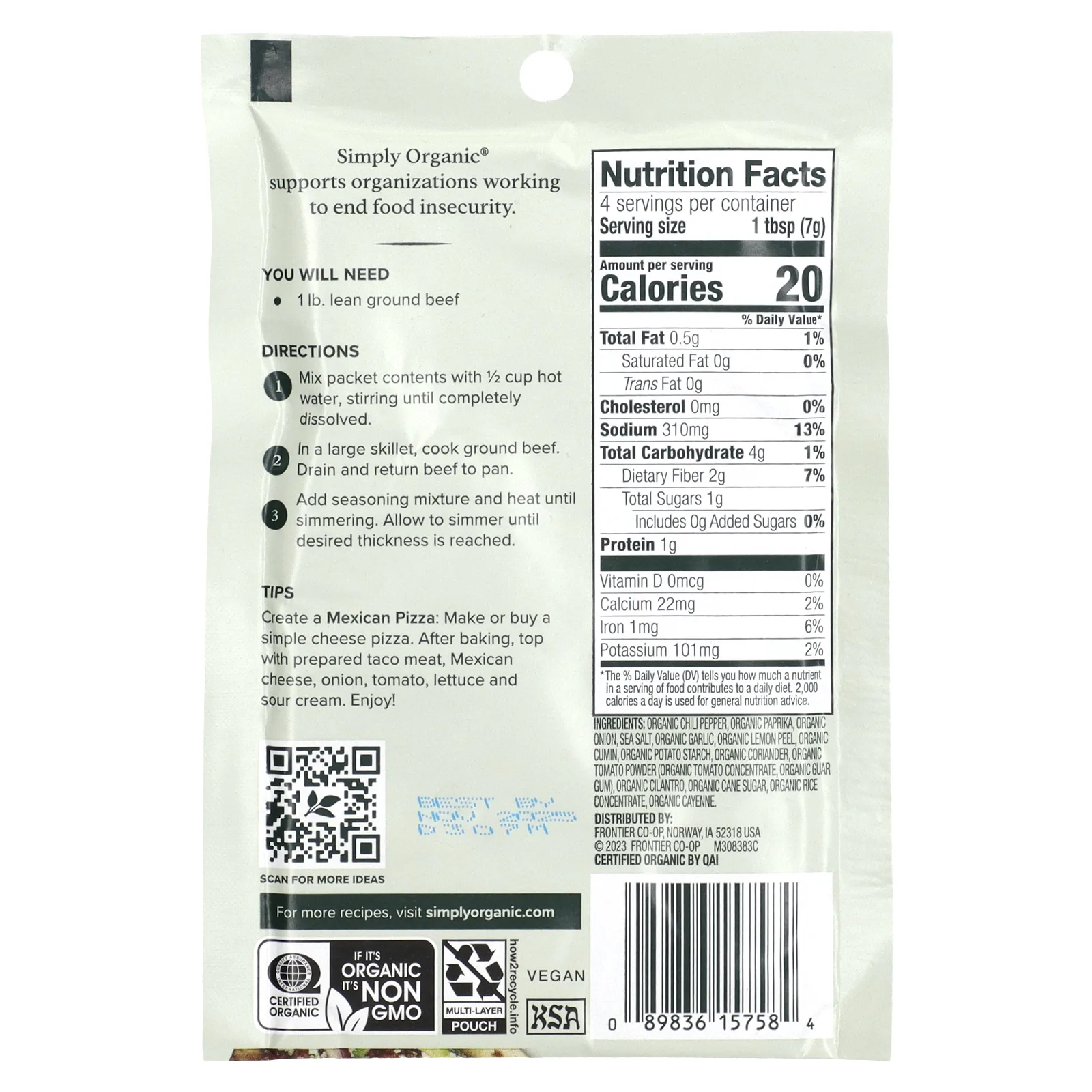 Simply Organic, смесь приправ для тако, 3 пакетика по 28 г (1 унции)