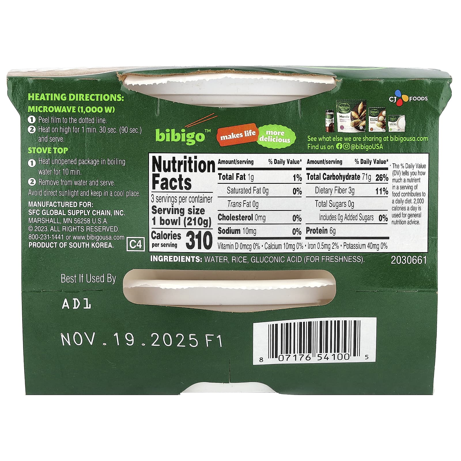 Bibigo, Вареный липкий белый рис, средний размер, 630 г (22,2 унции)