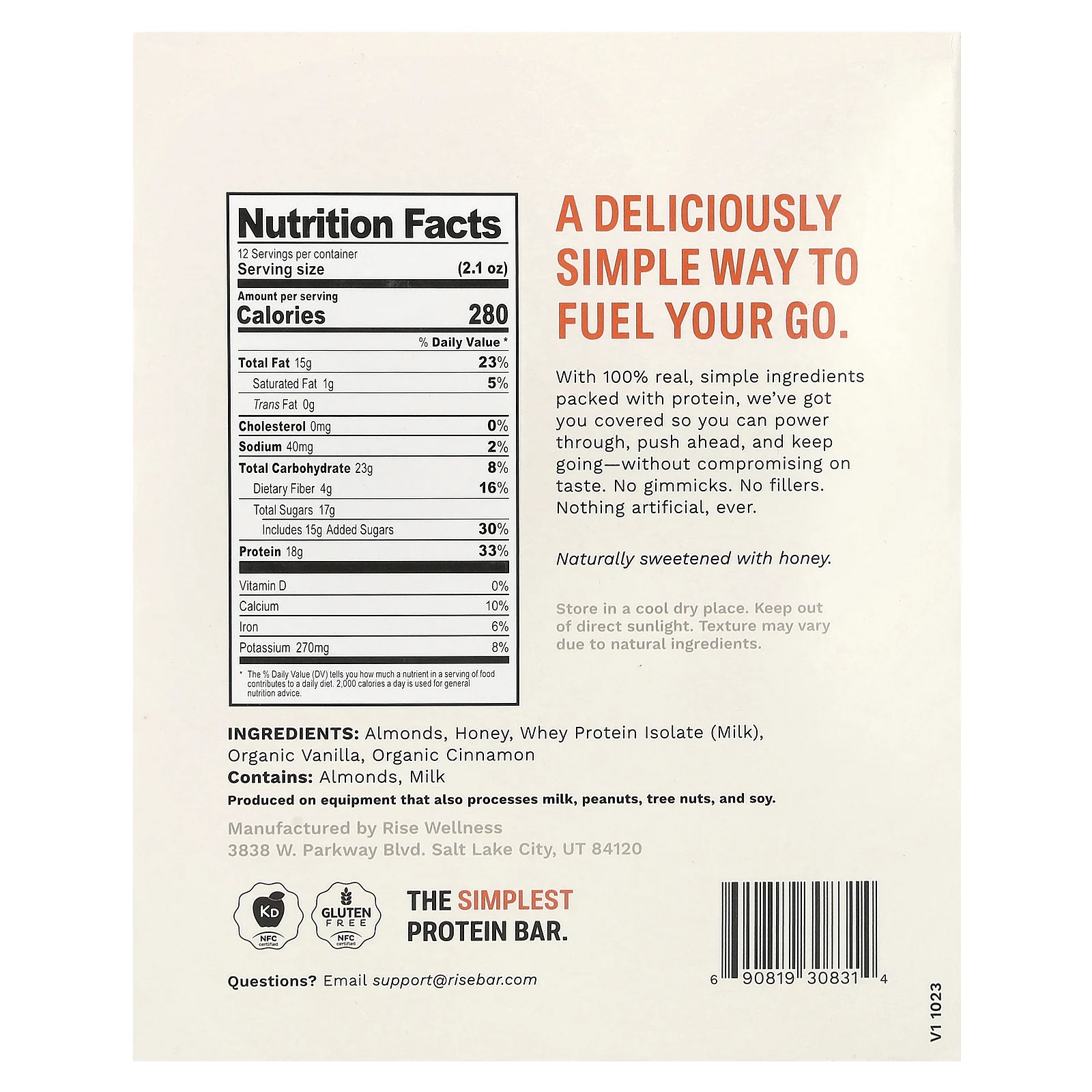 Rise Bar, The Simplest Protein Bar, мед и корица, 12 батончиков, 60 г (2,1 унции)