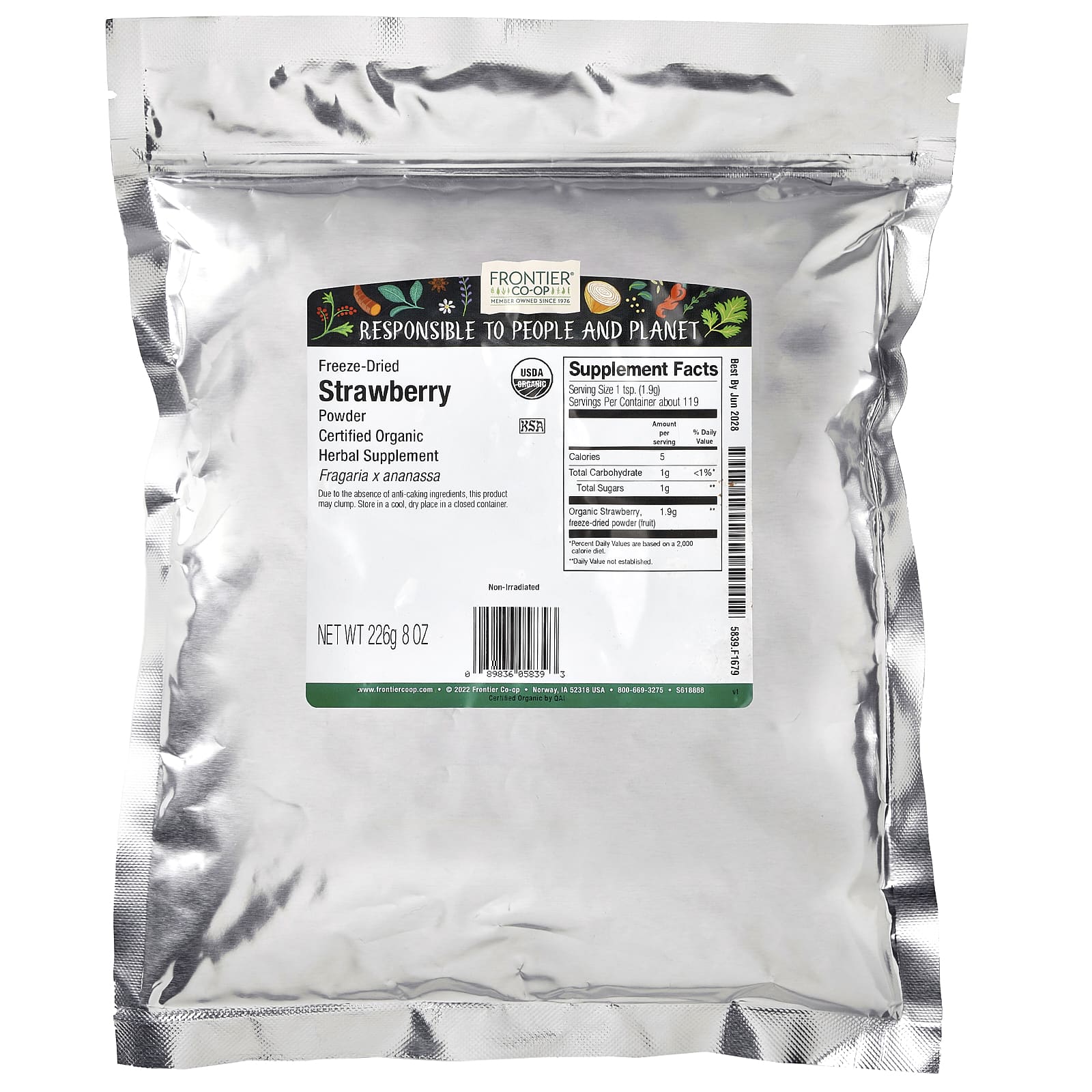 Frontier Co-op, органический порошок из сублимированной клубники, 226 г (8 унций)