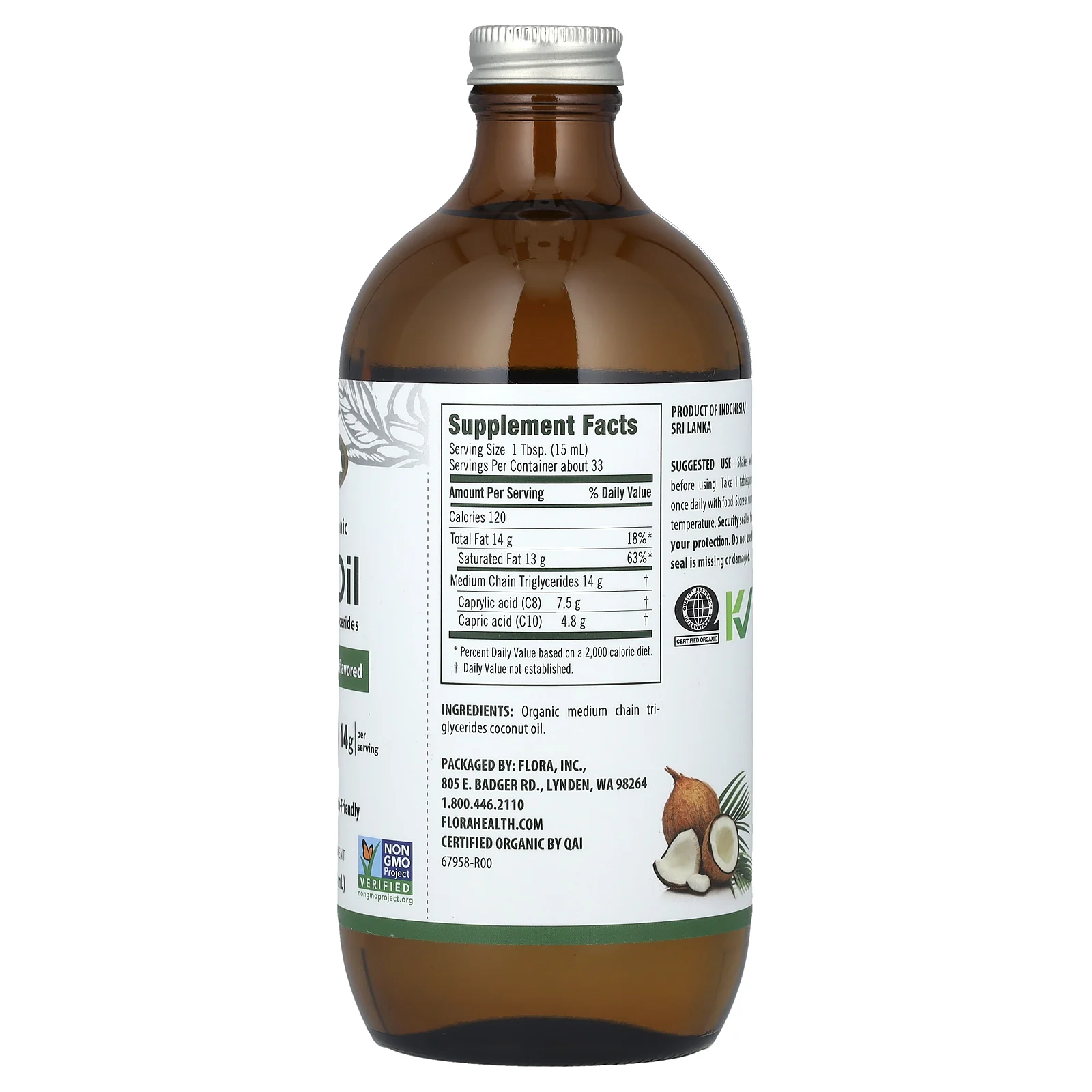 Flora, сертифицированное органическое масло MCT, без добавок, 14 г, 500 мл (17 жидк. унций)