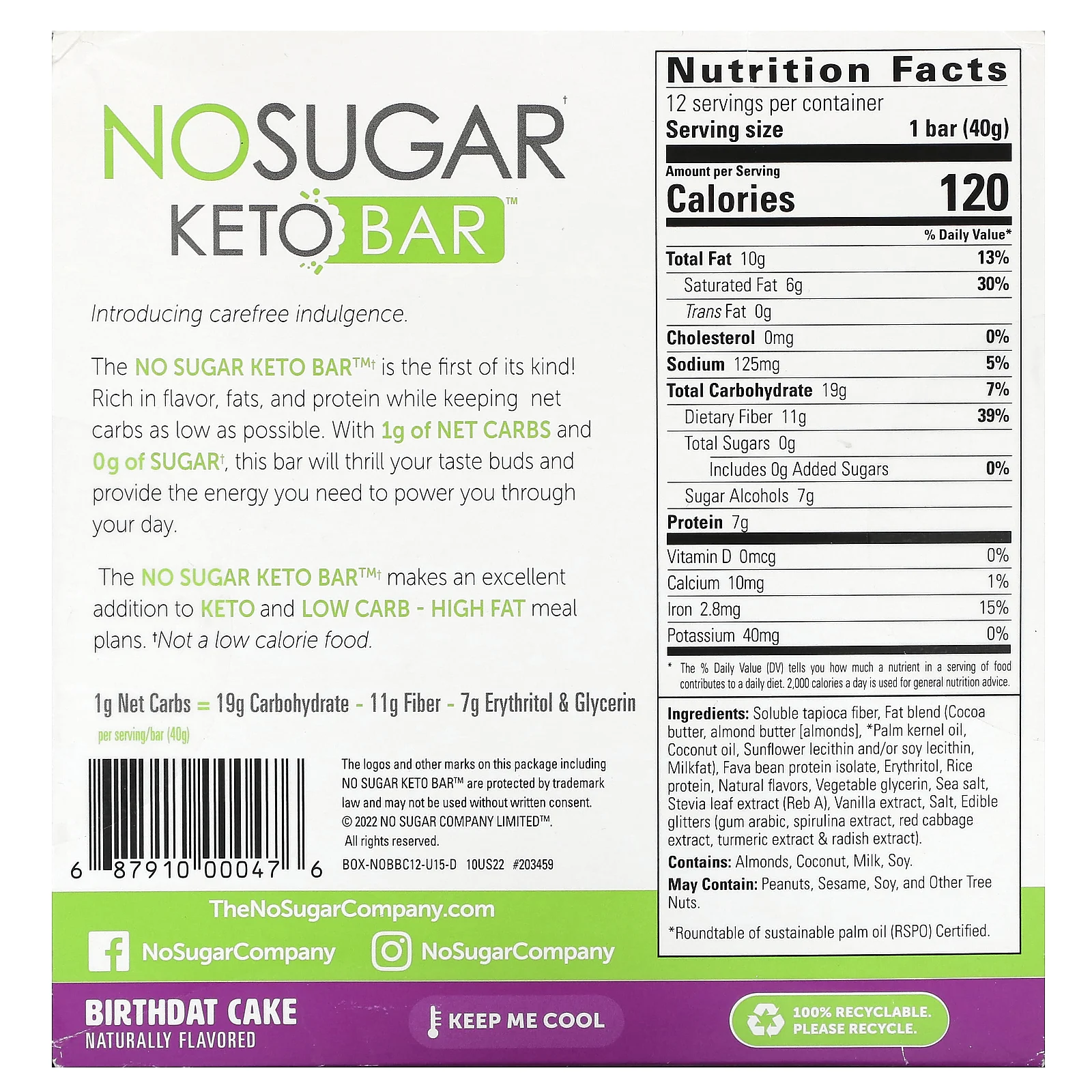 No Sugar Company, Keto Bar, праздничный торт, 12 батончиков по 40 г (1,41 унции)