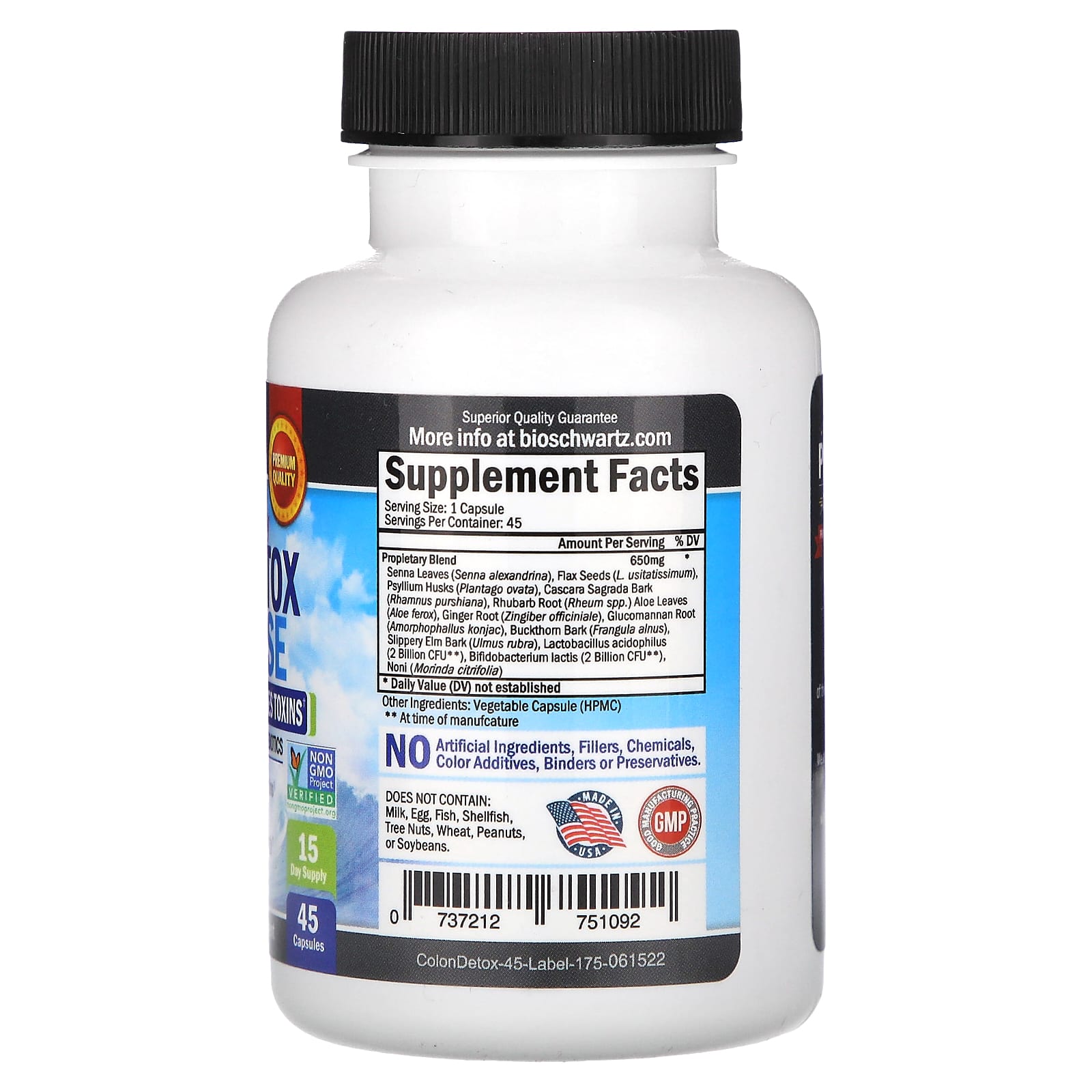 BioSchwartz, быстродействующее средство для выведения токсинов и очищения кишечника, 15 дней, 45 растительных капсул