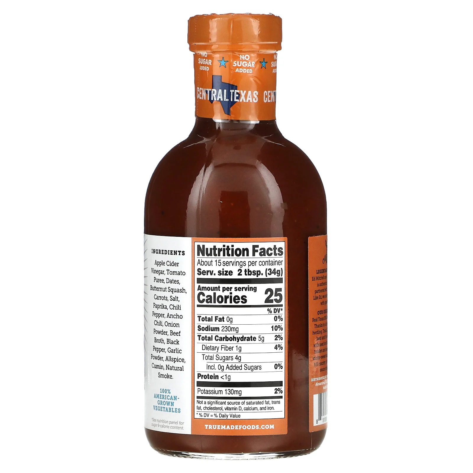 True Made Foods, Соус барбекю из Центрального Техаса, жирный и пряный, с овощами и говяжьим бульоном, 510 г (18 унций)