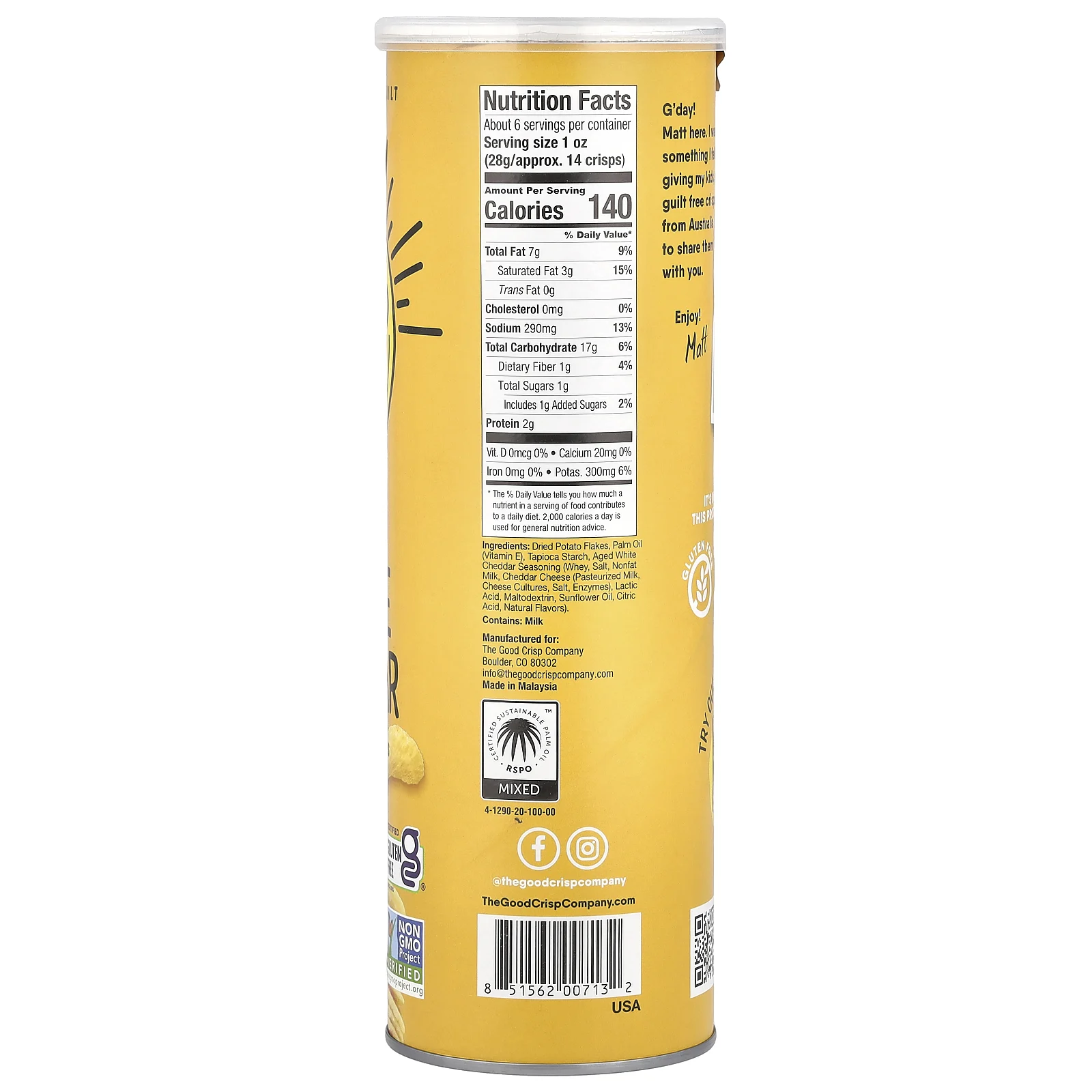 The Good Crisp Company, Картофельные чипсы, выдержанный белый чеддер, 160 г (5,6 унции)