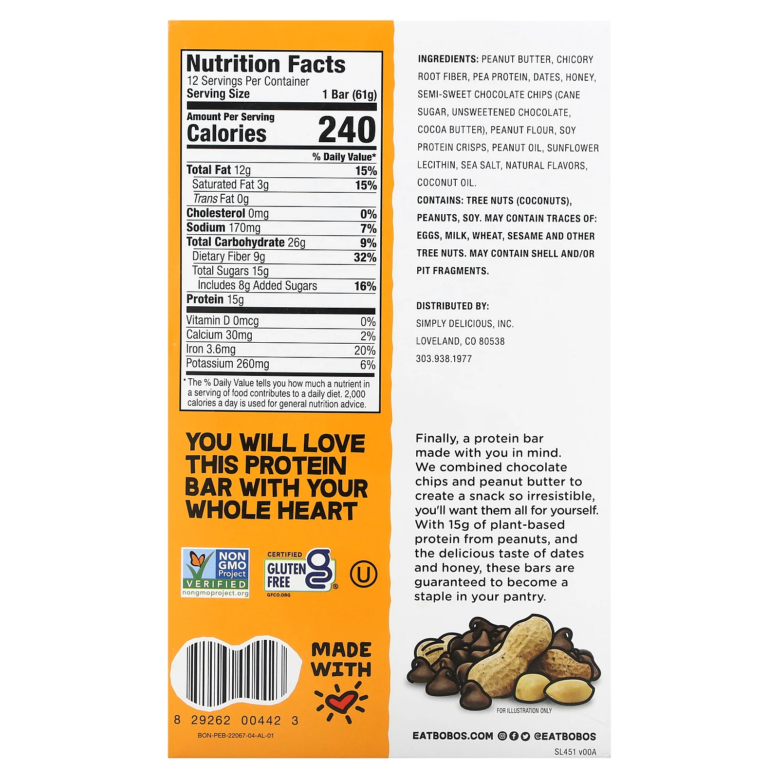 Bobo's Oat Bars, Protein Bars, арахисовая паста с шоколадной крошкой, 12 батончиков, 61 г (2,2 унции)