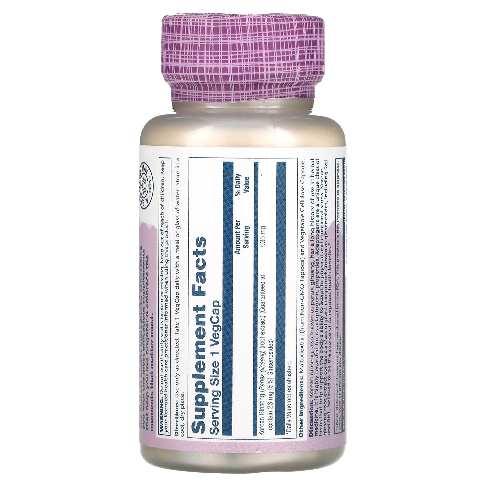 Solaray, Экстракт корня корейского женьшеня, 535 мг, 60 растительных капсул