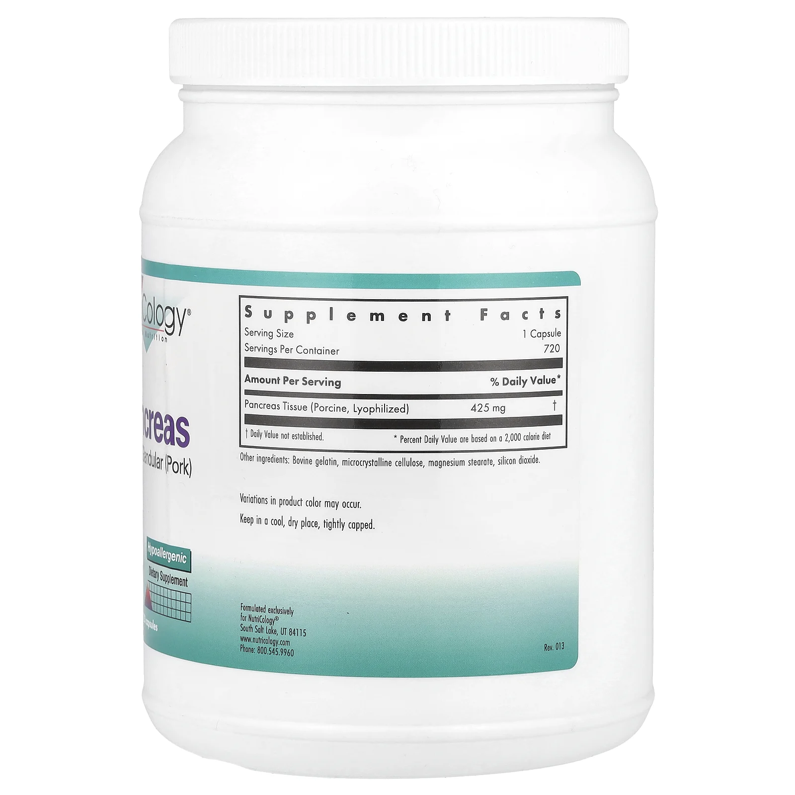 Nutricology, поджелудочная железа, натуральные железы (свинина), 720 капсул