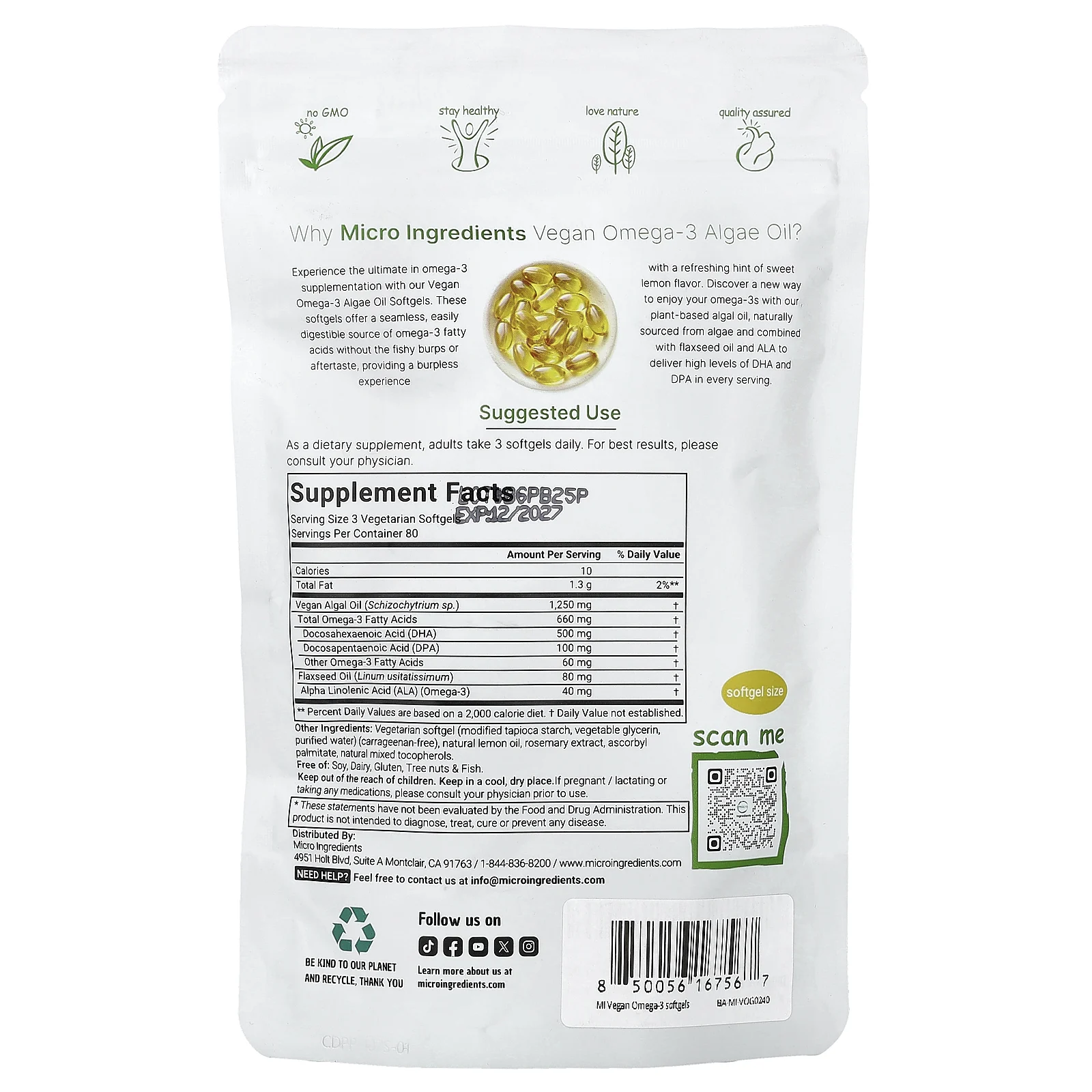 Micro Ingredients, веганское масло из водорослей с омега-3, лимон, 240 вегетарианских капсул