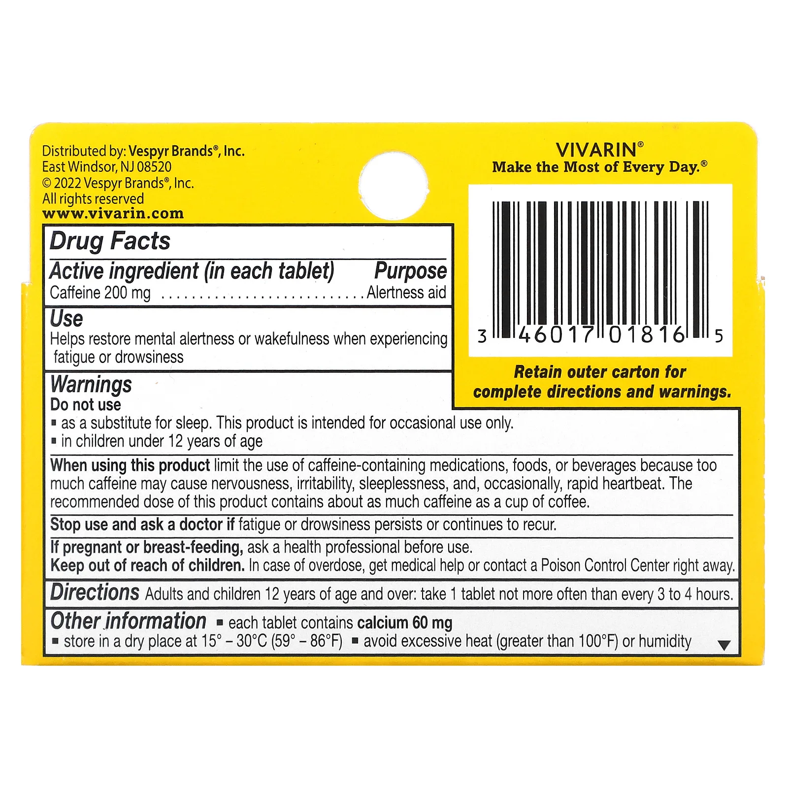 Vivarin, кофеин, добавка для поддержки концентрации внимания, 200 мг, 16 таблеток