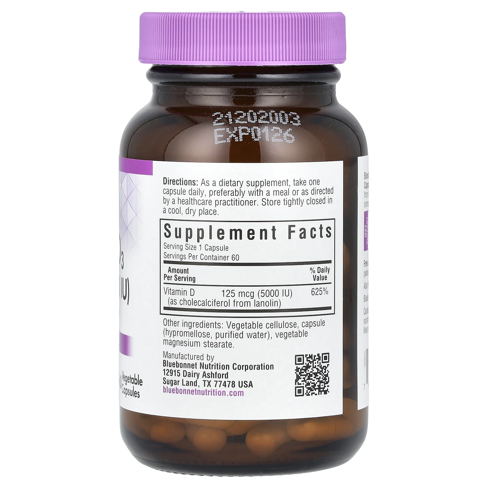 Bluebonnet Nutrition, Витамин D3, 125 мкг (5000 МЕ), 60 растительных капсул