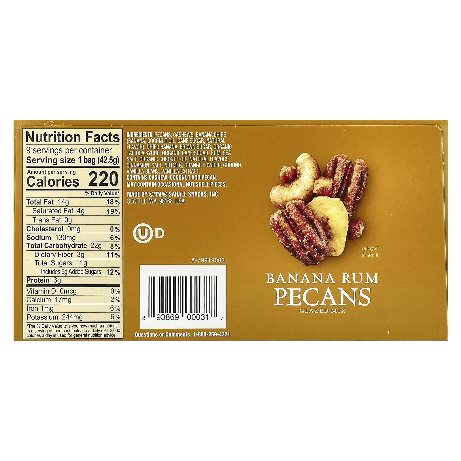 Sahale Snacks, глазированная смесь, со вкусом банана и рома, 9 пакетиков по 42,5 г (1,5 унции)