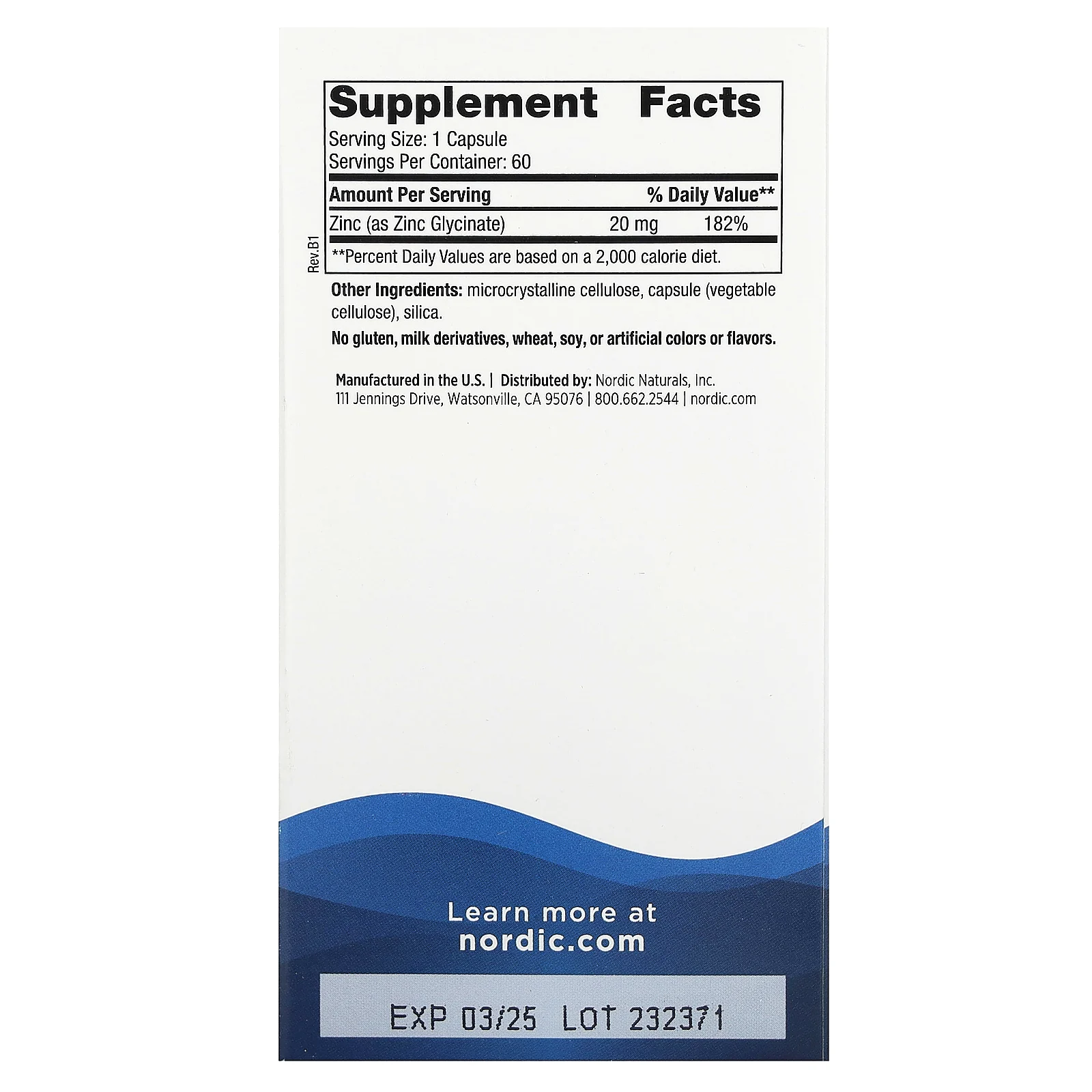 Nordic Naturals, глицинат цинка, 20 мг, 60 капсул