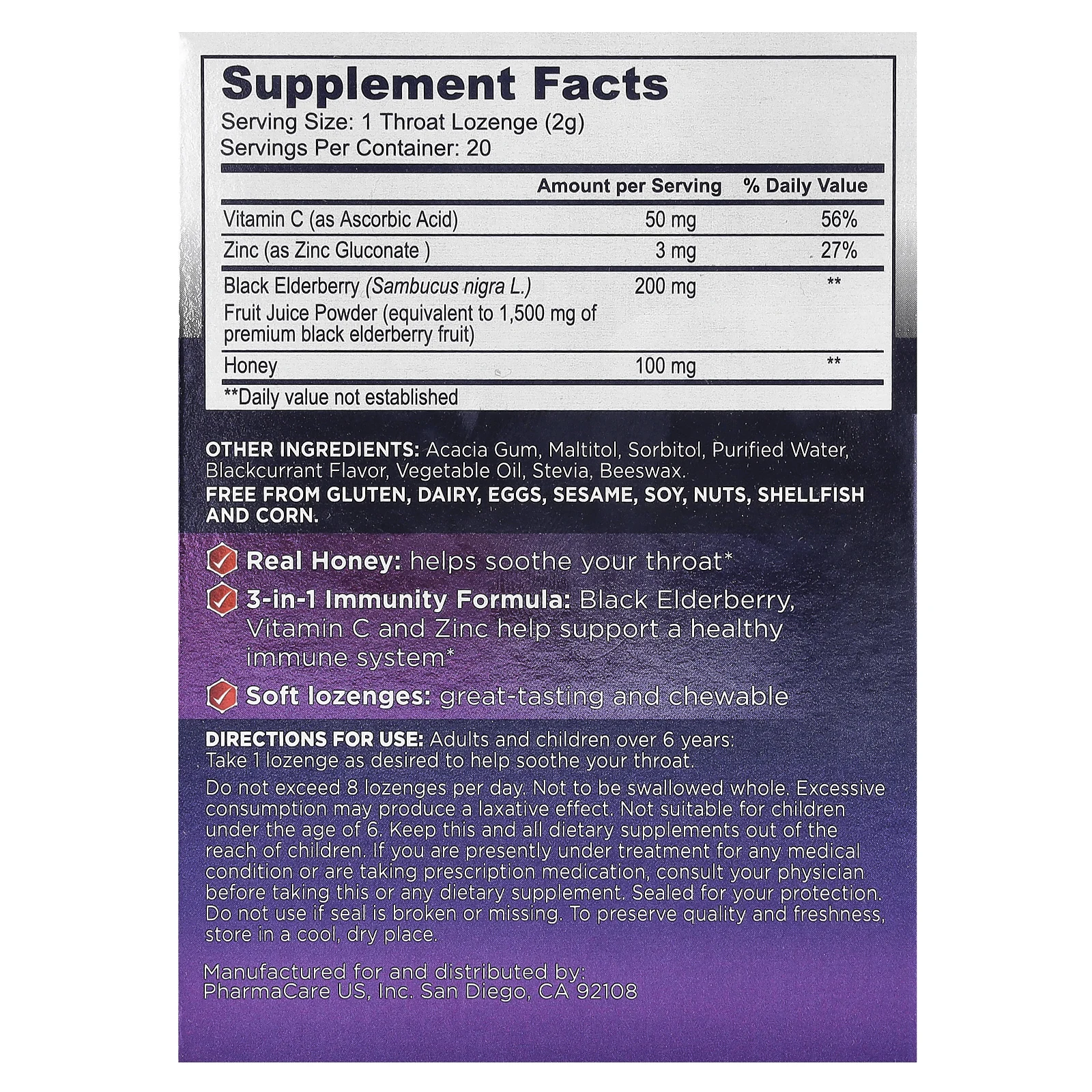 Sambucol, черная бузина, улучшенная поддержка иммунитета, с витамином C и цинком, 20 пастилок