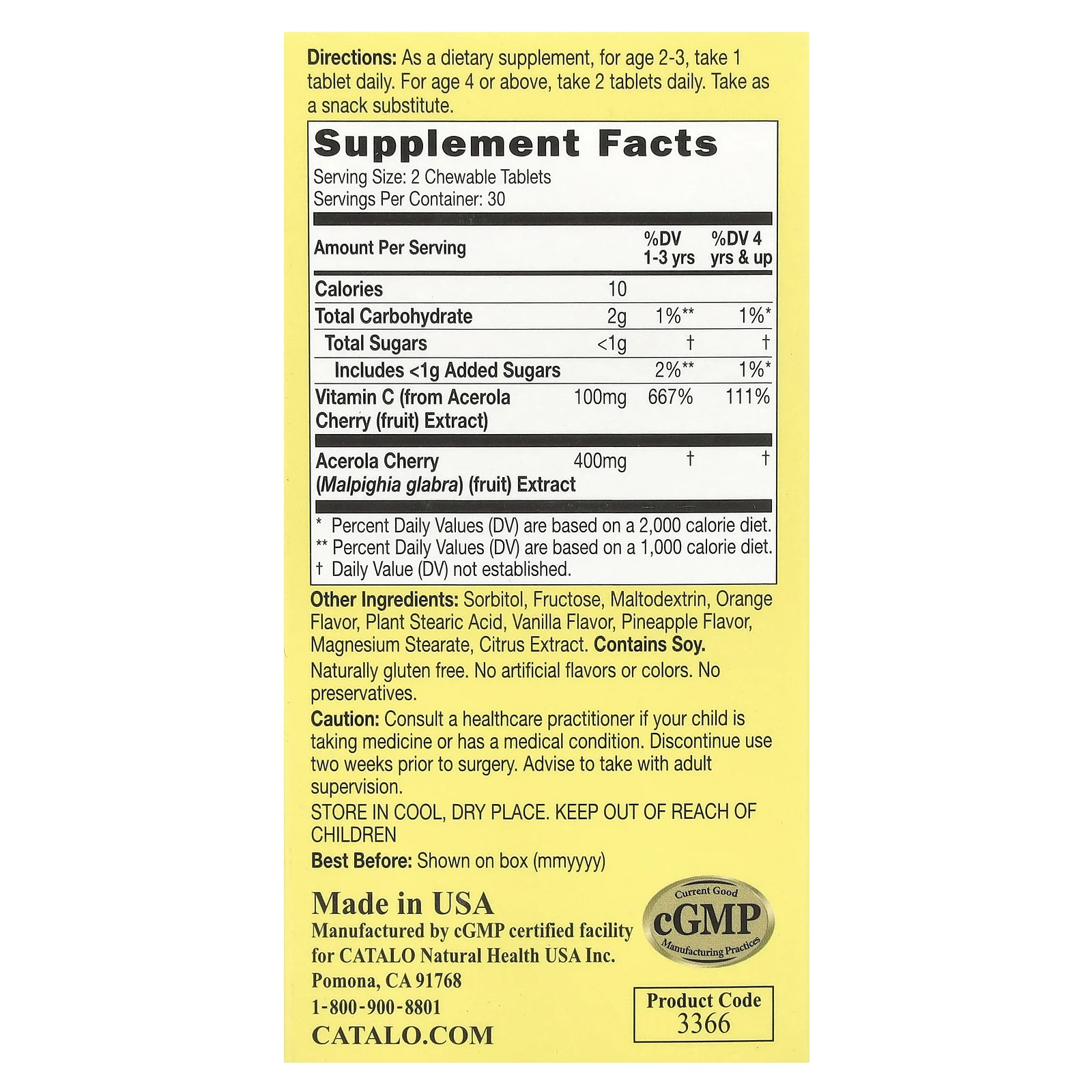 Catalo Naturals, жевательная добавка с витамином C для детей, 100 мг, 60 вегетарианских жевательных таблеток (50 мг в одной таблетке)