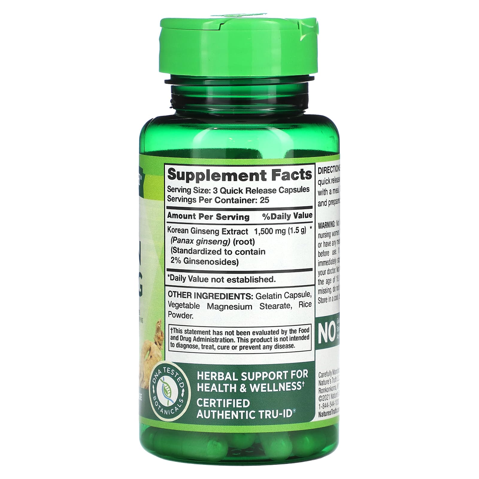 Nature's Truth, стандартизованный корейский женьшень, 1500 мг, 75 капсул с быстрым высвобождением (500 мг в 1 капсуле)