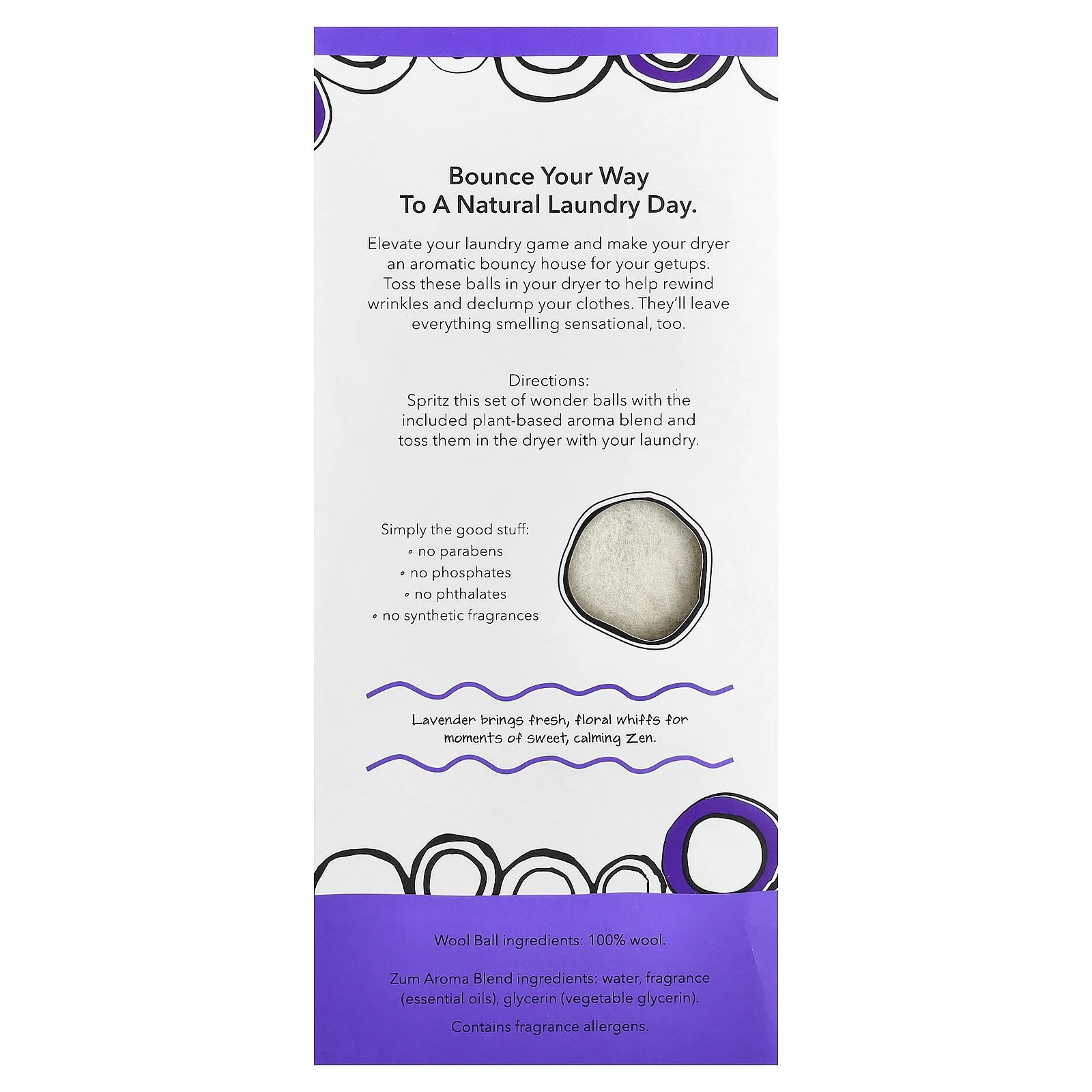 ZUM, Шарики для сушки шерсти со смесью ароматов, лаванда, 3 шарика и 1 смесь ароматов, 8,5 унции